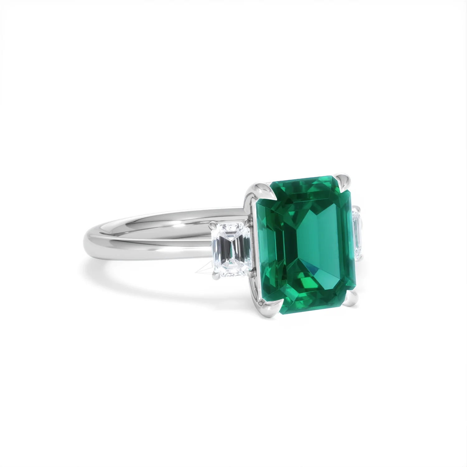 Solene 2.50ct Emerald Cut Lab Emerald and Lab Diamond 3 Stone Engagement Ring in 18K White Gold - Image 15