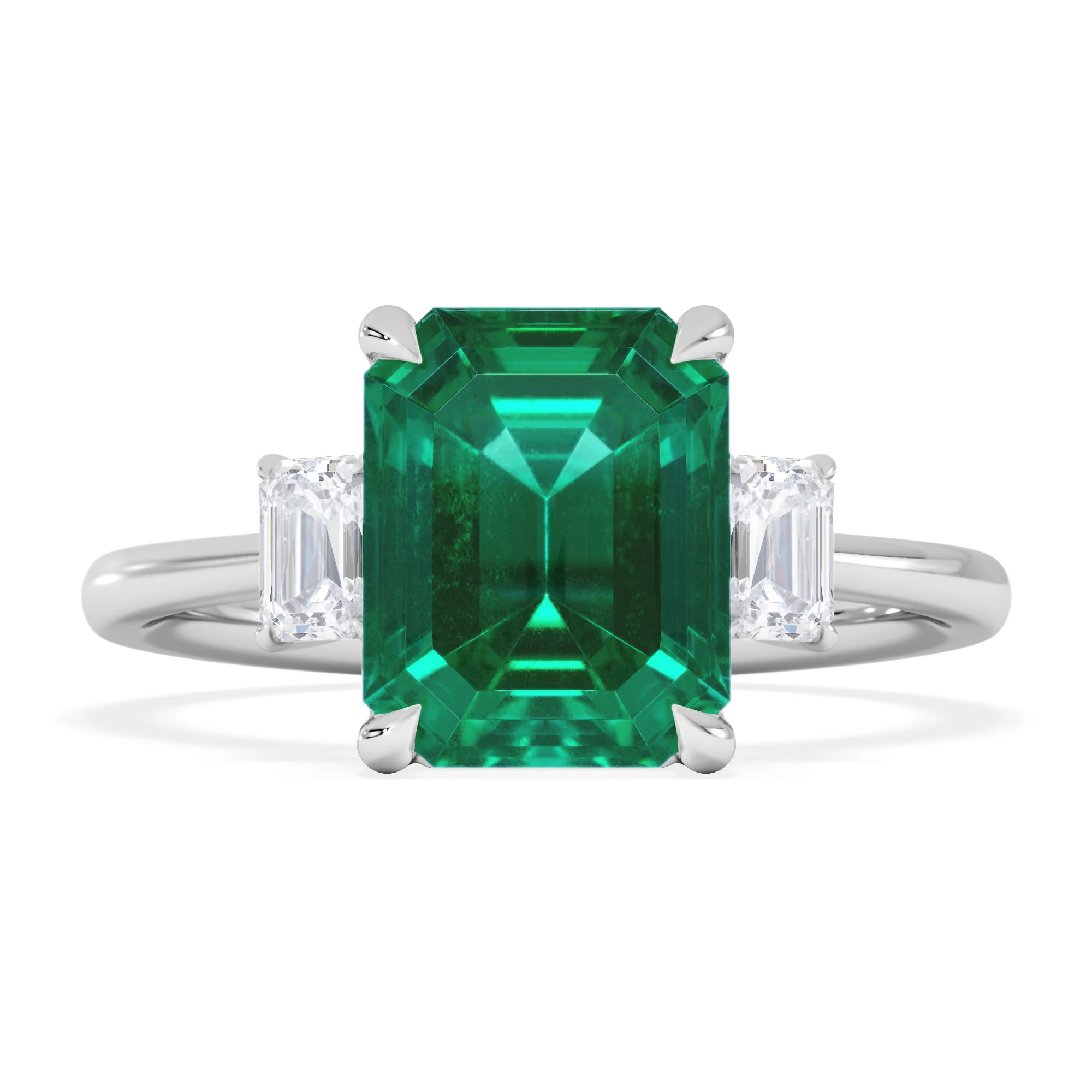 Solene 2.50ct Emerald Cut Lab Emerald and Lab Diamond 3 Stone Engagement Ring in 18K White Gold - Image 3
