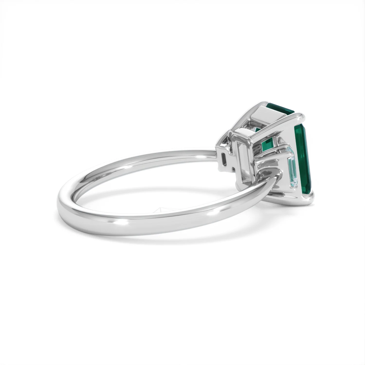 Solene 2.50ct Emerald Cut Lab Emerald and Lab Diamond 3 Stone Engagement Ring in 18K White Gold - Image 35