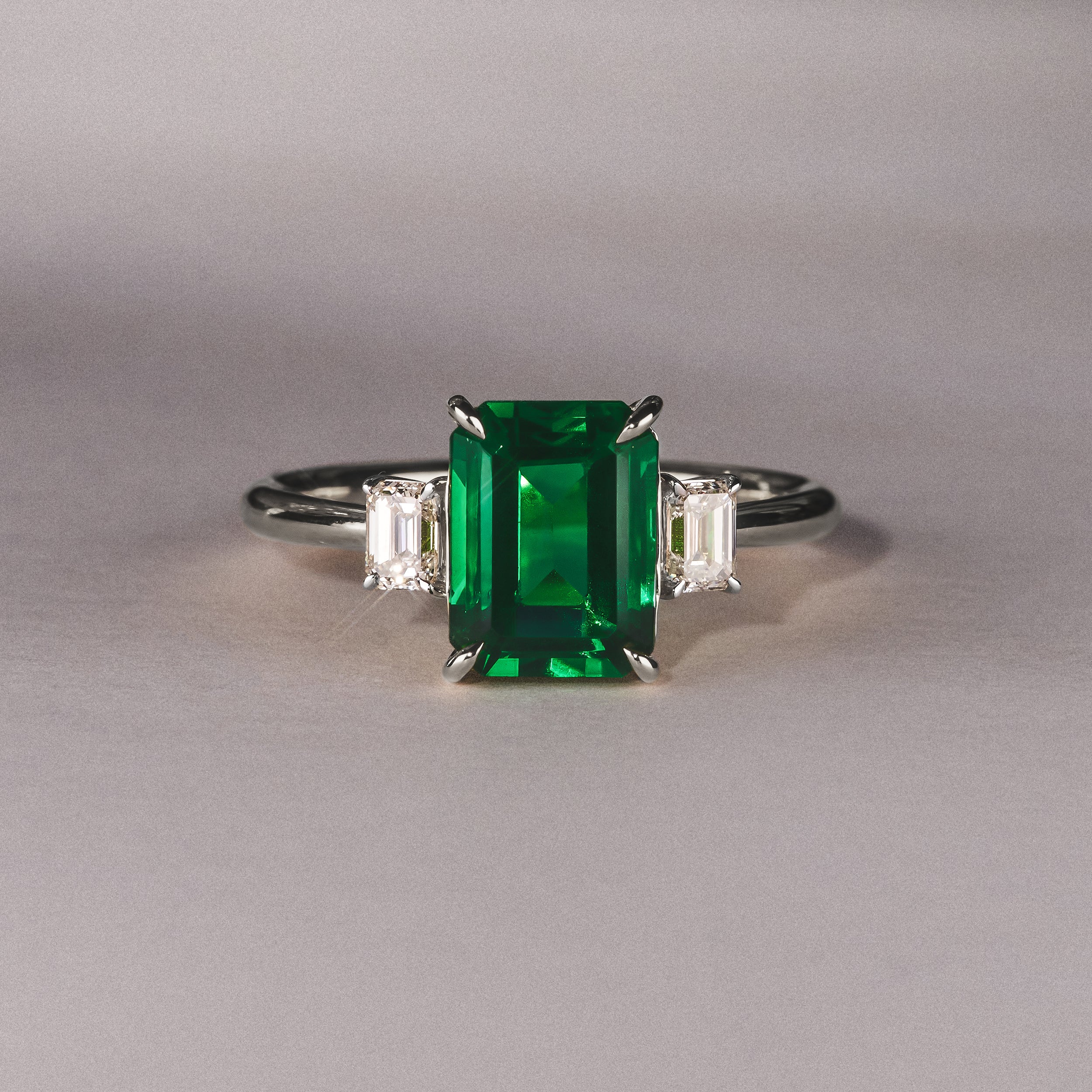 Solene 2.50ct Emerald Cut Lab Emerald and Lab Diamond 3 Stone Engagement Ring in 18K White Gold - Image 6