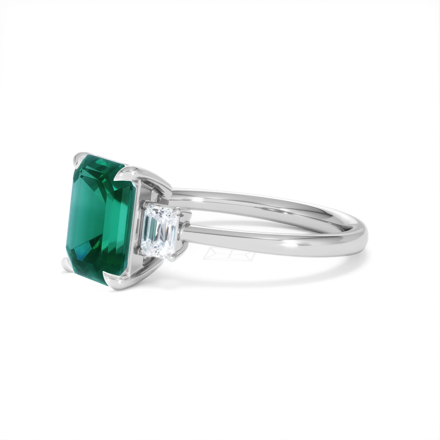 Solene 2.50ct Emerald Cut Lab Emerald and Lab Diamond 3 Stone Engagement Ring in 18K White Gold - Image 77