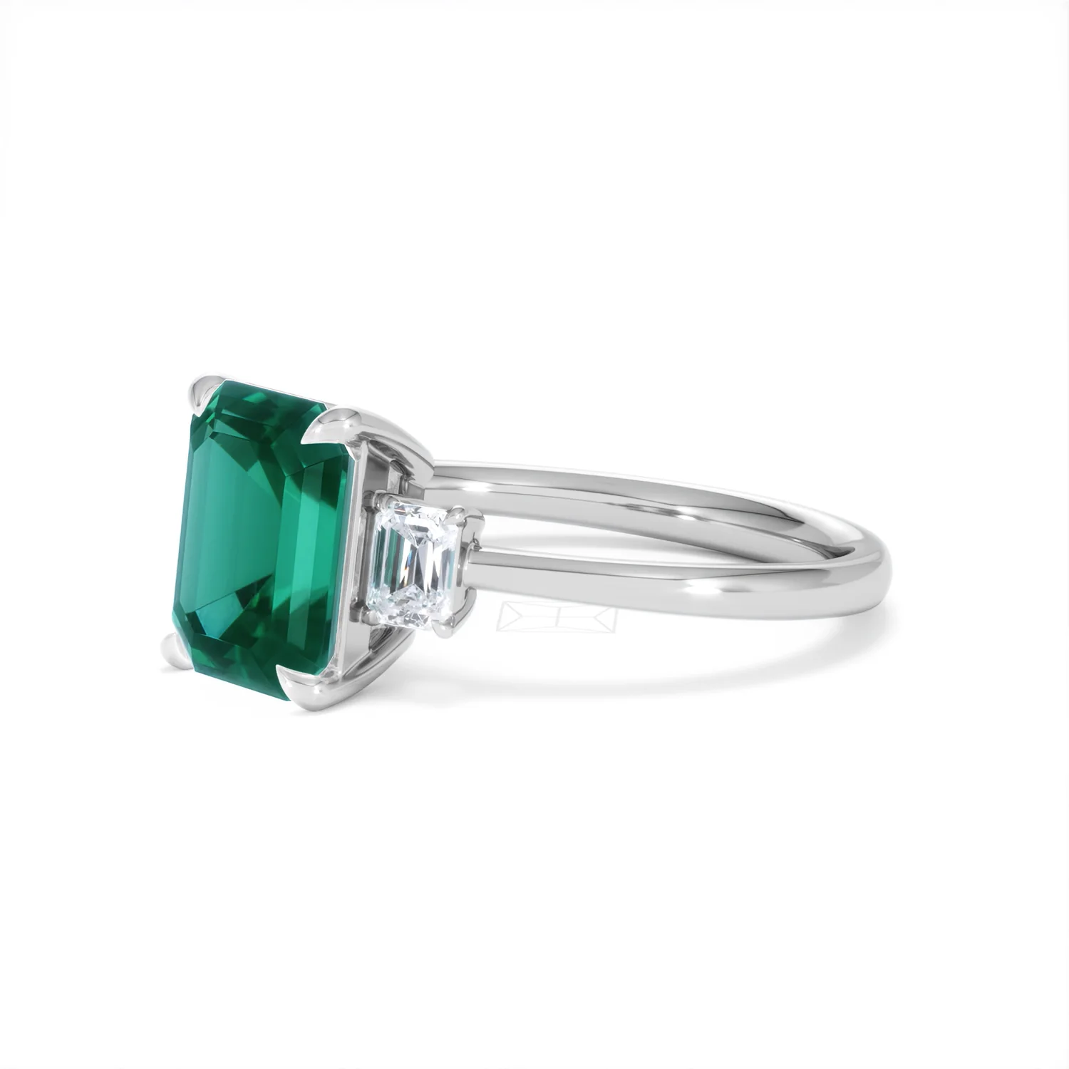 Solene 2.50ct Emerald Cut Lab Emerald and Lab Diamond 3 Stone Engagement Ring in 18K White Gold - Image 78