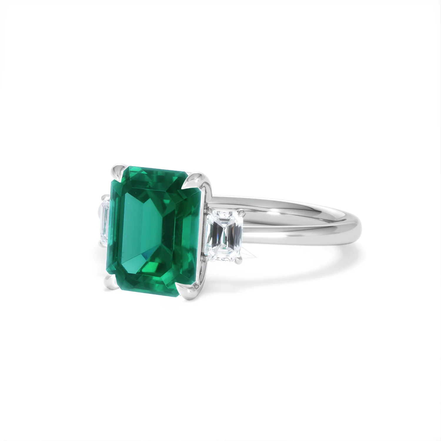 Solene 2.50ct Emerald Cut Lab Emerald and Lab Diamond 3 Stone Engagement Ring in 18K White Gold - Image 83