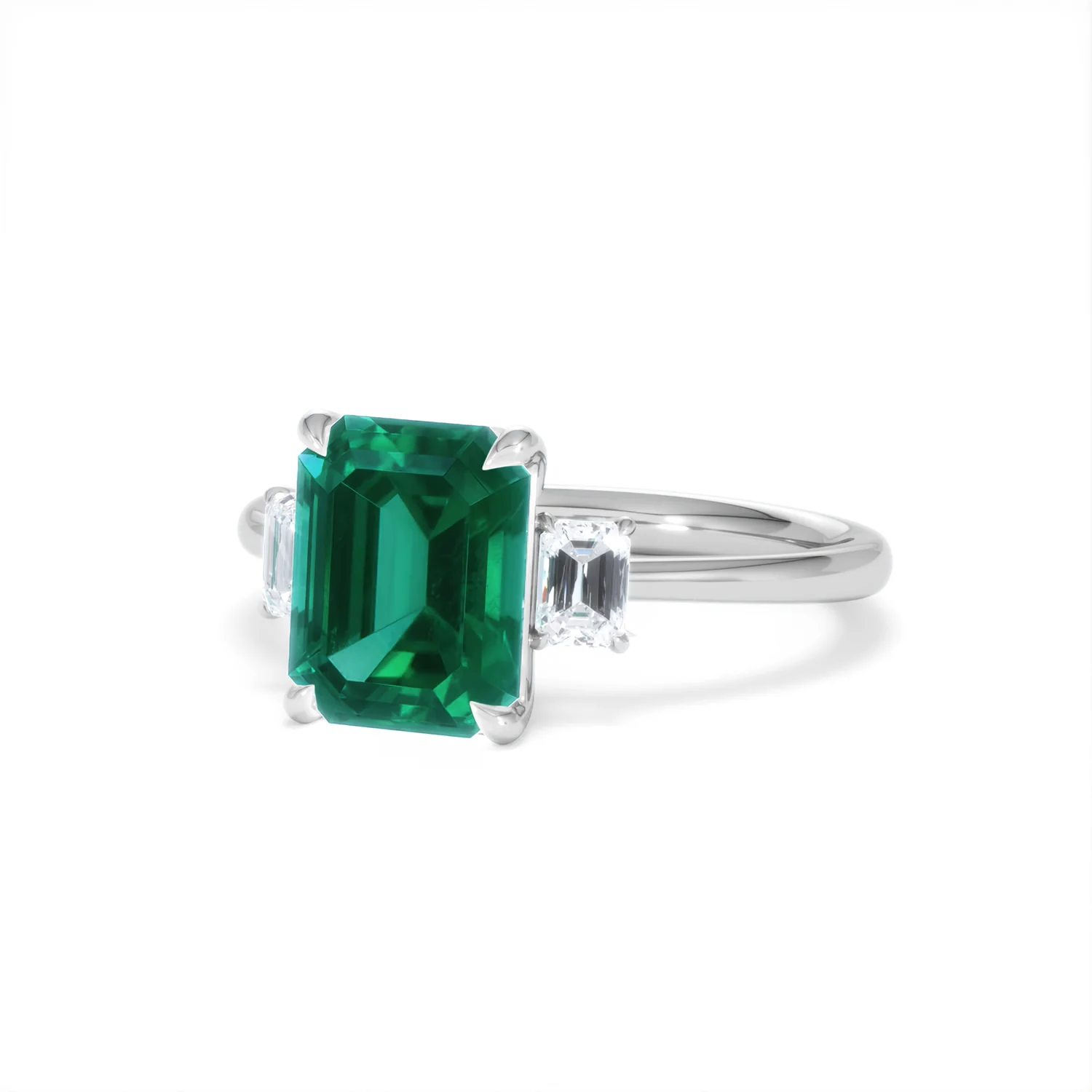 Solene 2.50ct Emerald Cut Lab Emerald and Lab Diamond 3 Stone Engagement Ring in 18K White Gold - Image 84