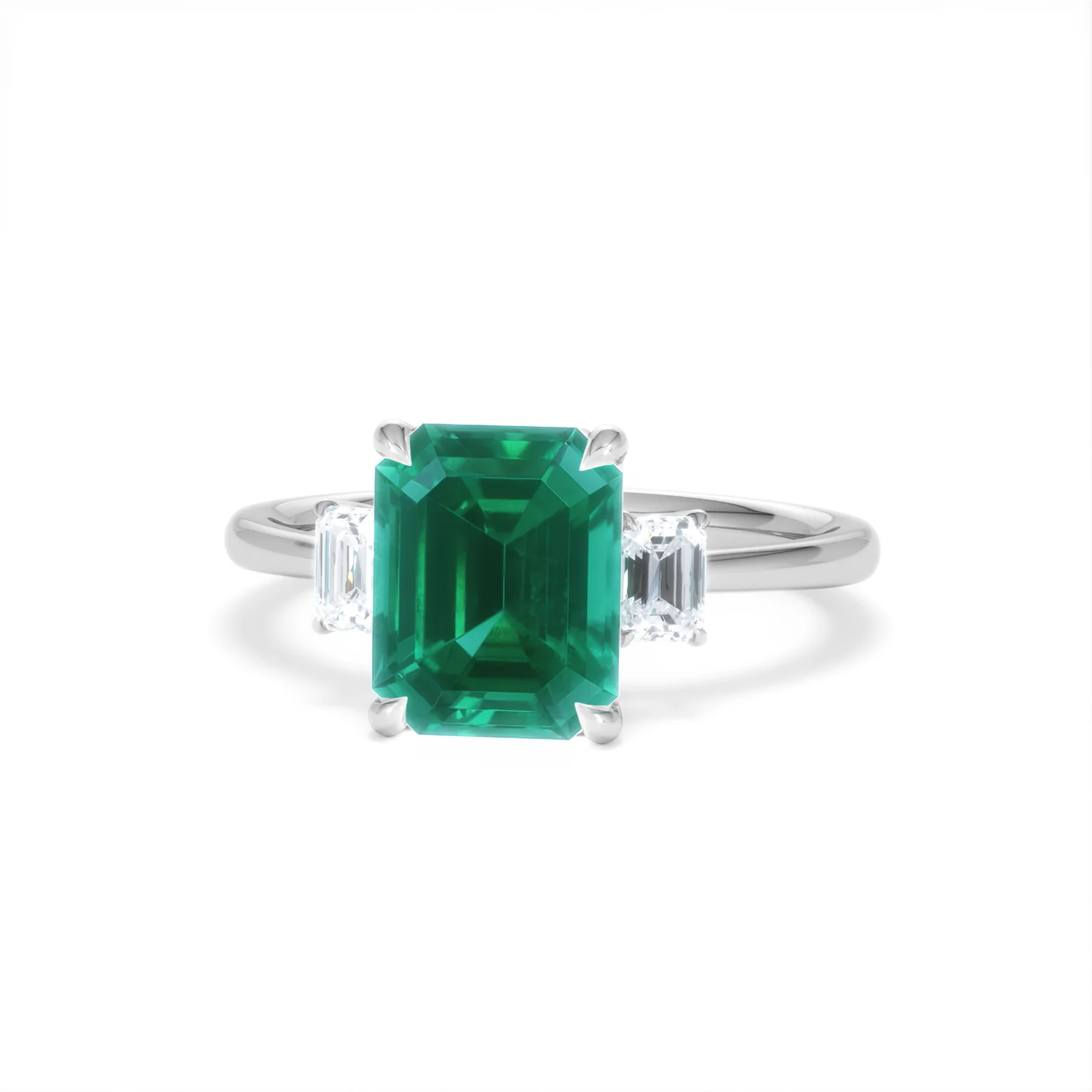 Solene 2.50ct Emerald Cut Lab Emerald and Lab Diamond 3 Stone Engagement Ring in 18K White Gold - Image 87