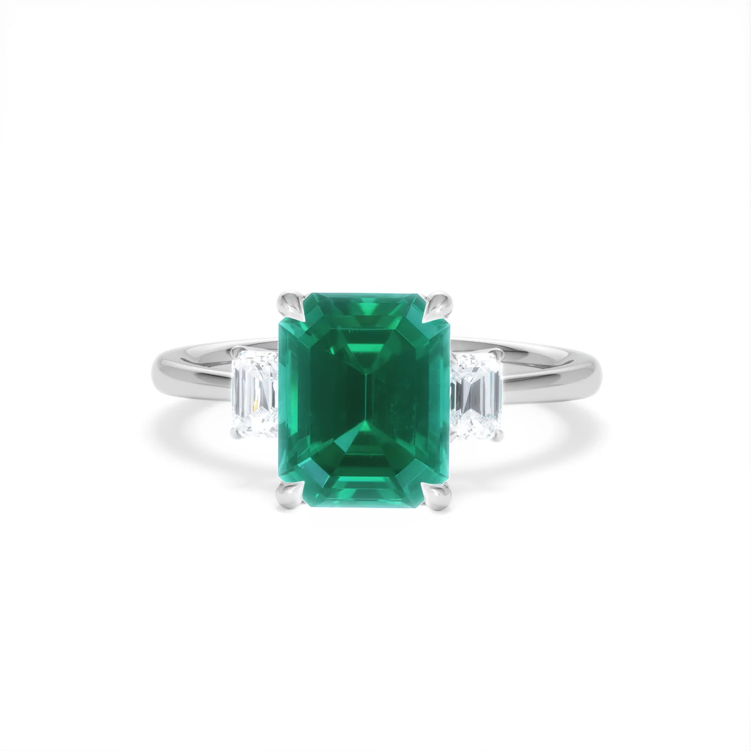 Solene 2.50ct Emerald Cut Lab Emerald and Lab Diamond 3 Stone Engagement Ring in 18K White Gold - Image 88