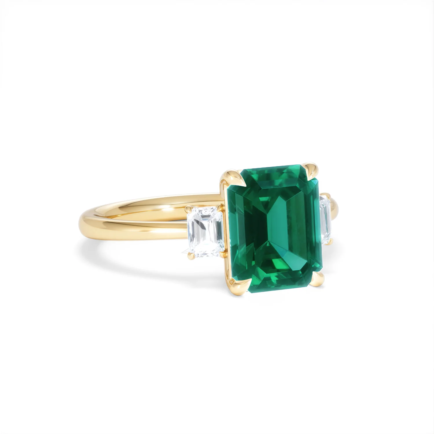 Solene 2.50ct Emerald Cut Lab Emerald and Lab Diamond 3 Stone Engagement Ring in 18K Yellow Gold - Image 14