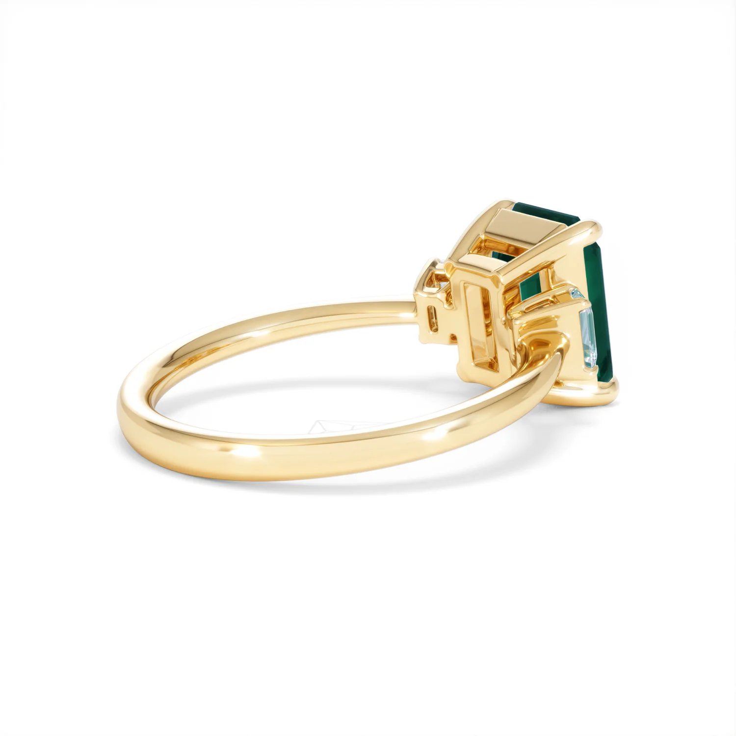Solene 2.50ct Emerald Cut Lab Emerald and Lab Diamond 3 Stone Engagement Ring in 18K Yellow Gold - Image 37