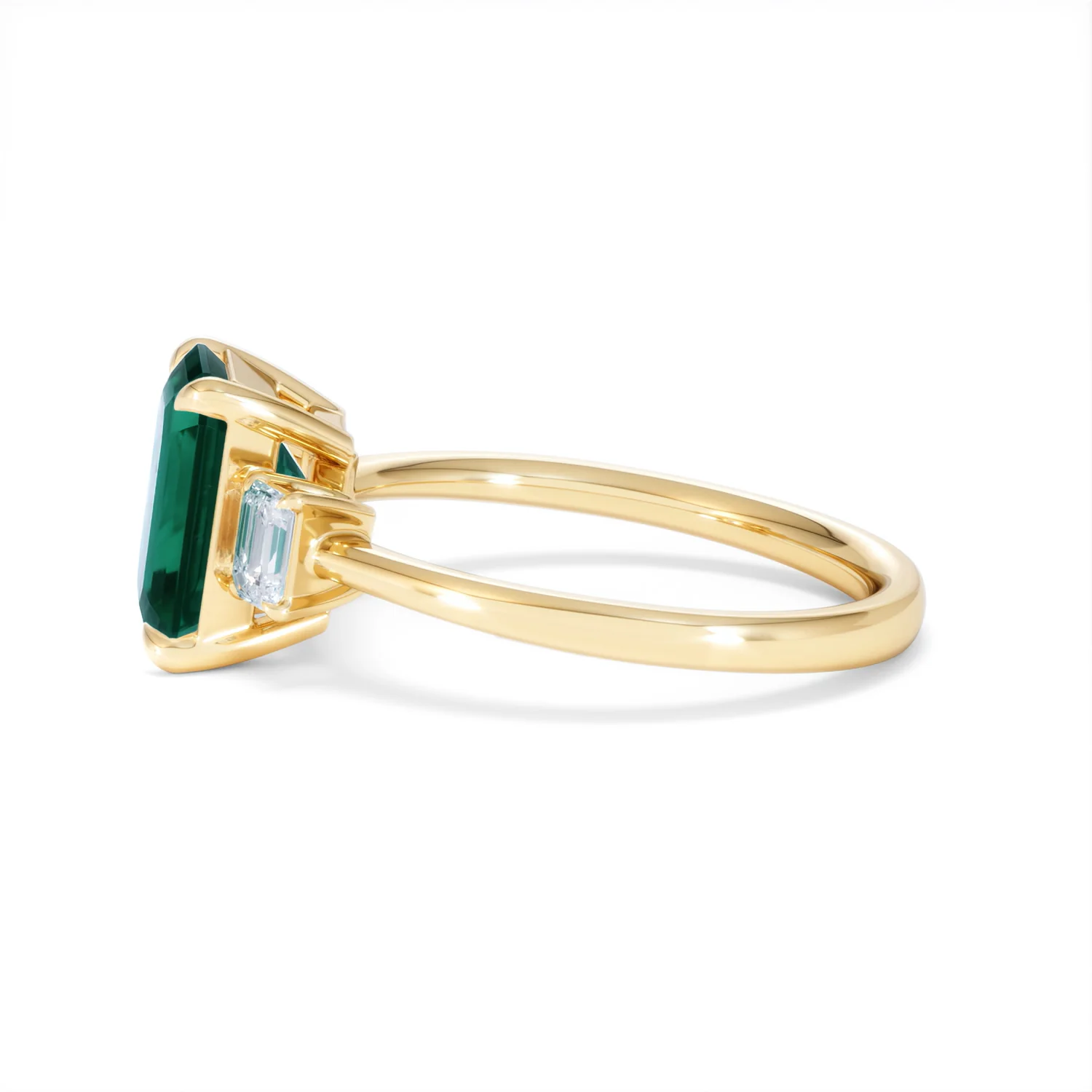 Solene 2.50ct Emerald Cut Lab Emerald and Lab Diamond 3 Stone Engagement Ring in 18K Yellow Gold - Image 70