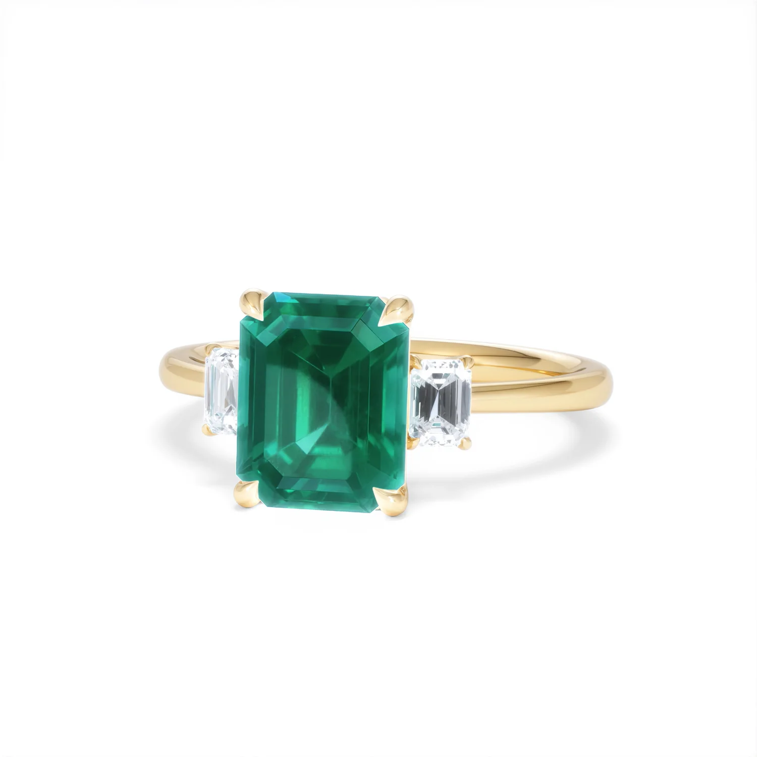 Solene 2.50ct Emerald Cut Lab Emerald and Lab Diamond 3 Stone Engagement Ring in 18K Yellow Gold - Image 86