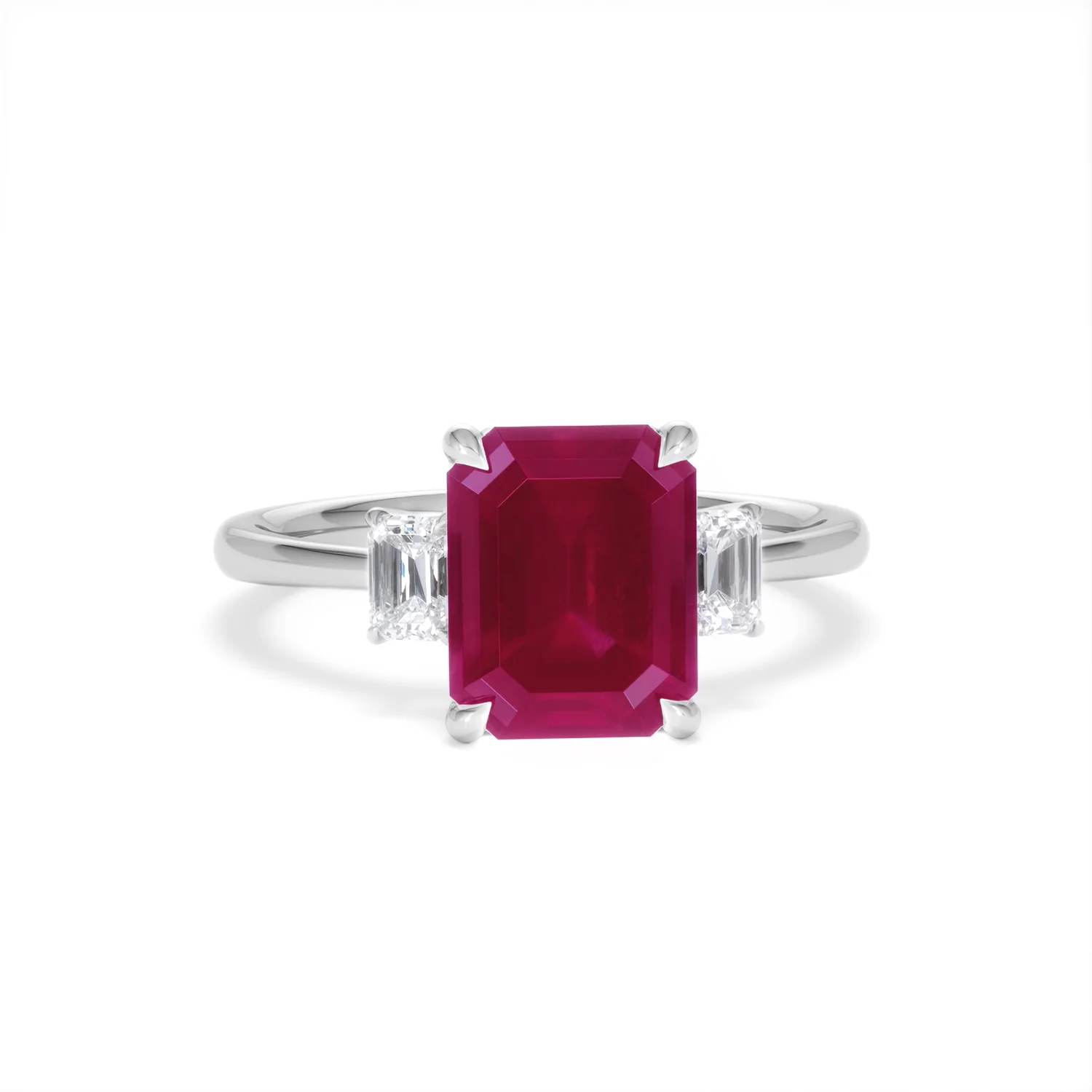 Solene 2.50ct Emerald Cut Lab Ruby and Lab Diamond 3 Stone Engagement Ring in 18K White Gold - Image 10