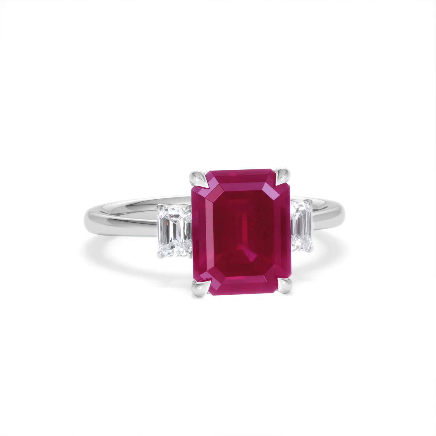 Solene 2.50ct Emerald Cut Lab Ruby and Lab Diamond 3 Stone Engagement Ring in 18K White Gold - Image 11