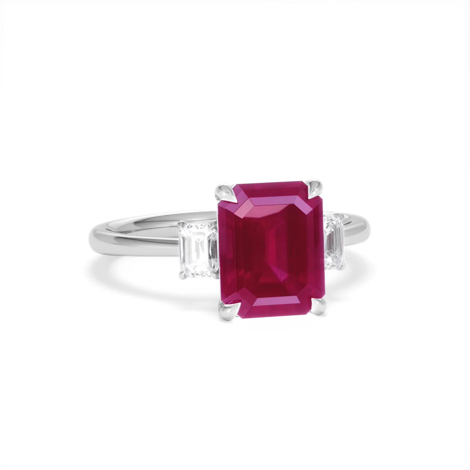 Solene 2.50ct Emerald Cut Lab Ruby and Lab Diamond 3 Stone Engagement Ring in 18K White Gold - Image 12