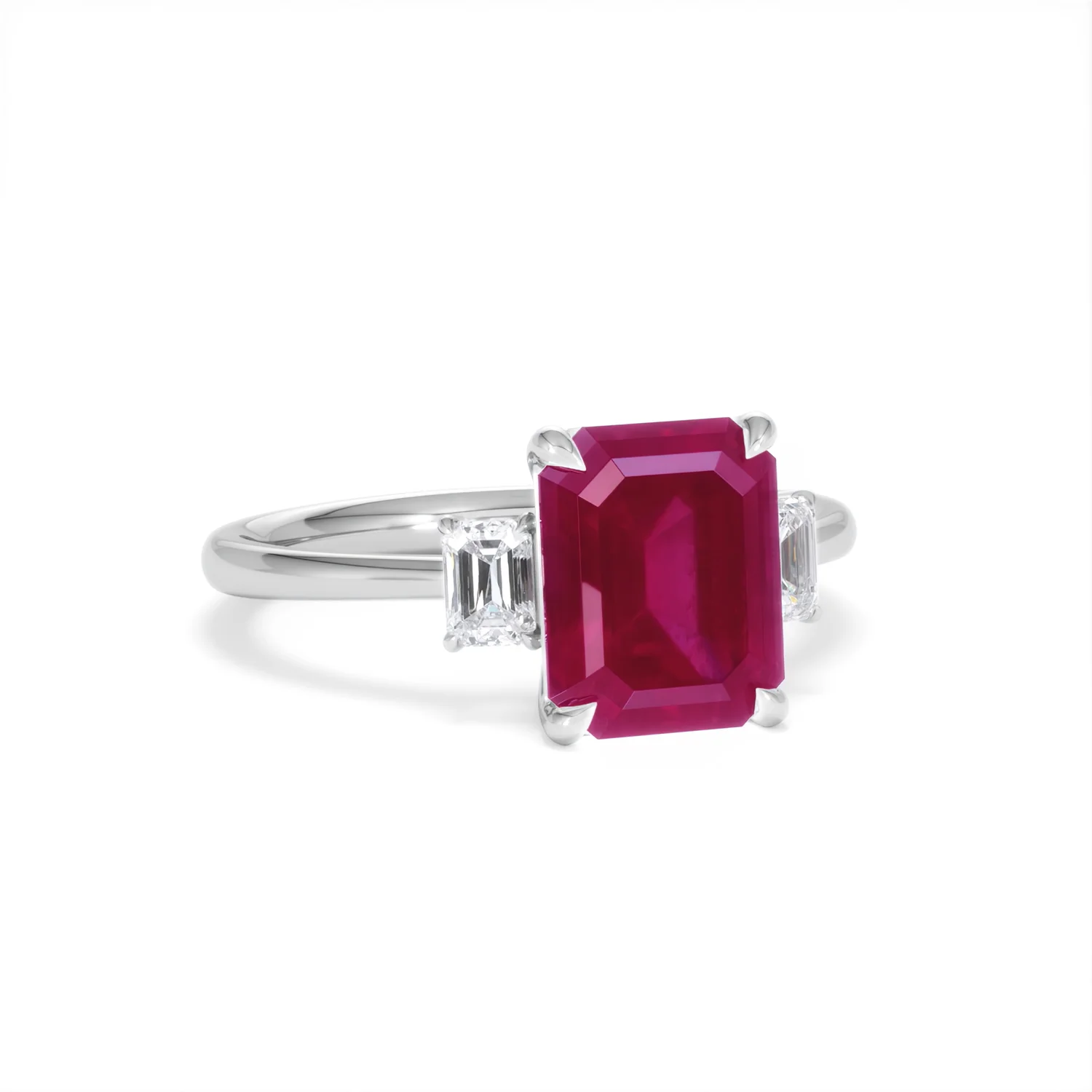 Solene 2.50ct Emerald Cut Lab Ruby and Lab Diamond 3 Stone Engagement Ring in 18K White Gold - Image 13