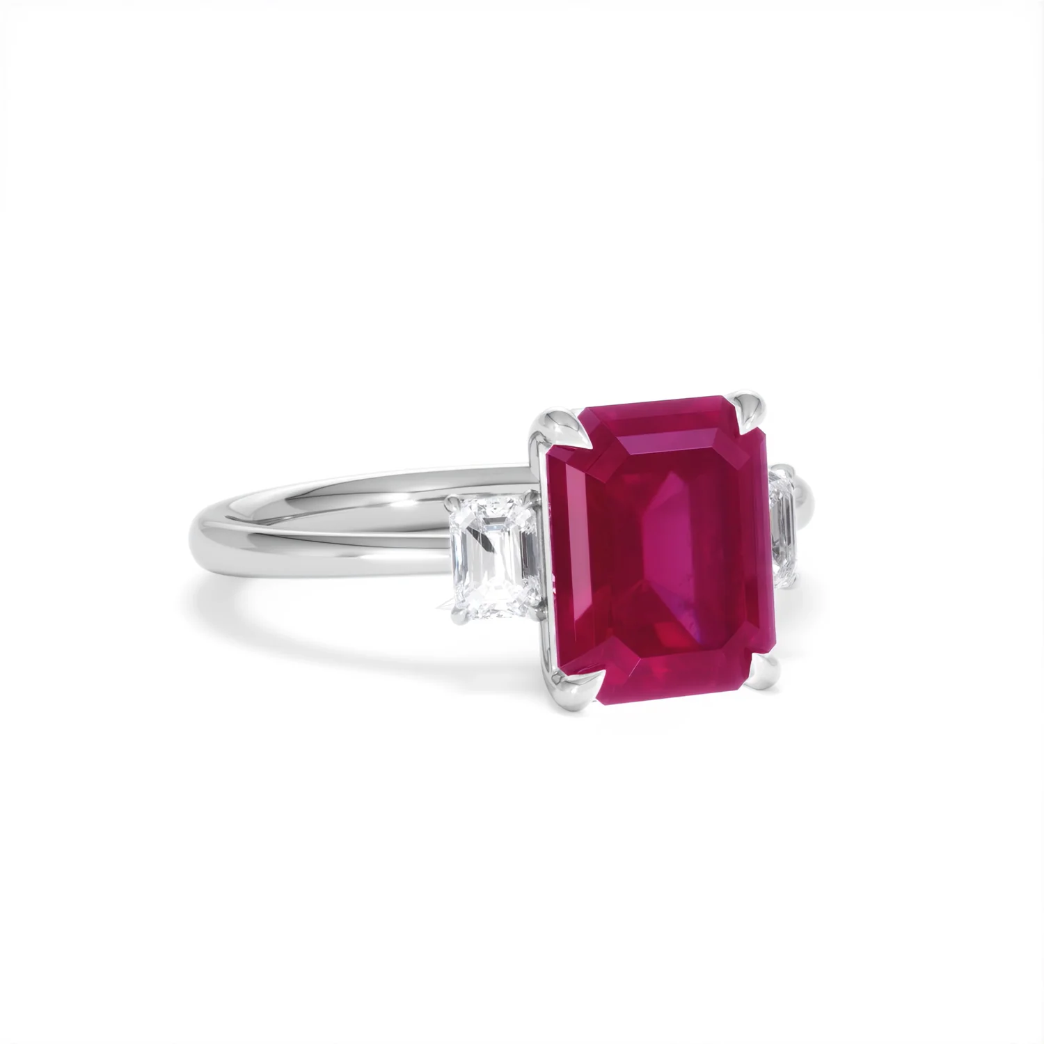 Solene 2.50ct Emerald Cut Lab Ruby and Lab Diamond 3 Stone Engagement Ring in 18K White Gold - Image 14