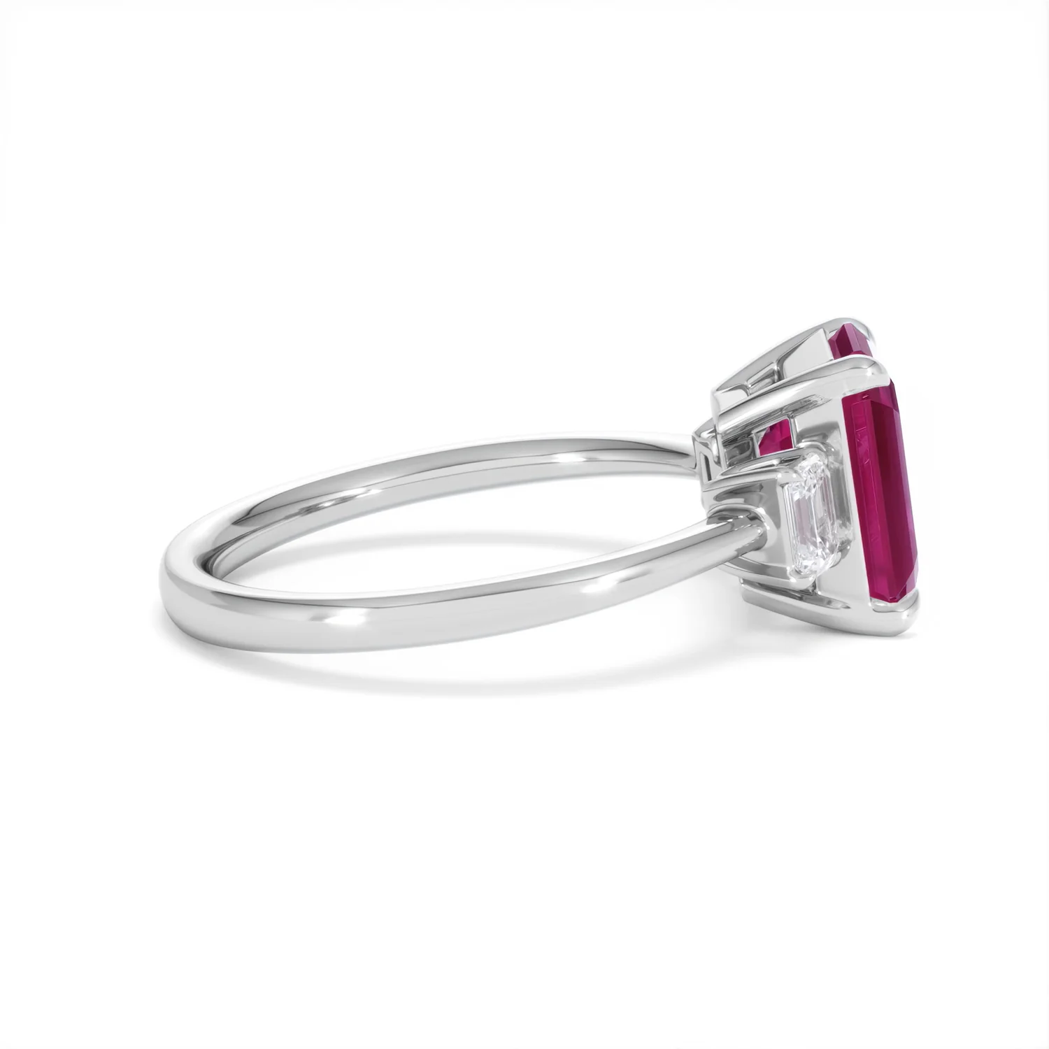 Solene 2.50ct Emerald Cut Lab Ruby and Lab Diamond 3 Stone Engagement Ring in 18K White Gold - Image 29