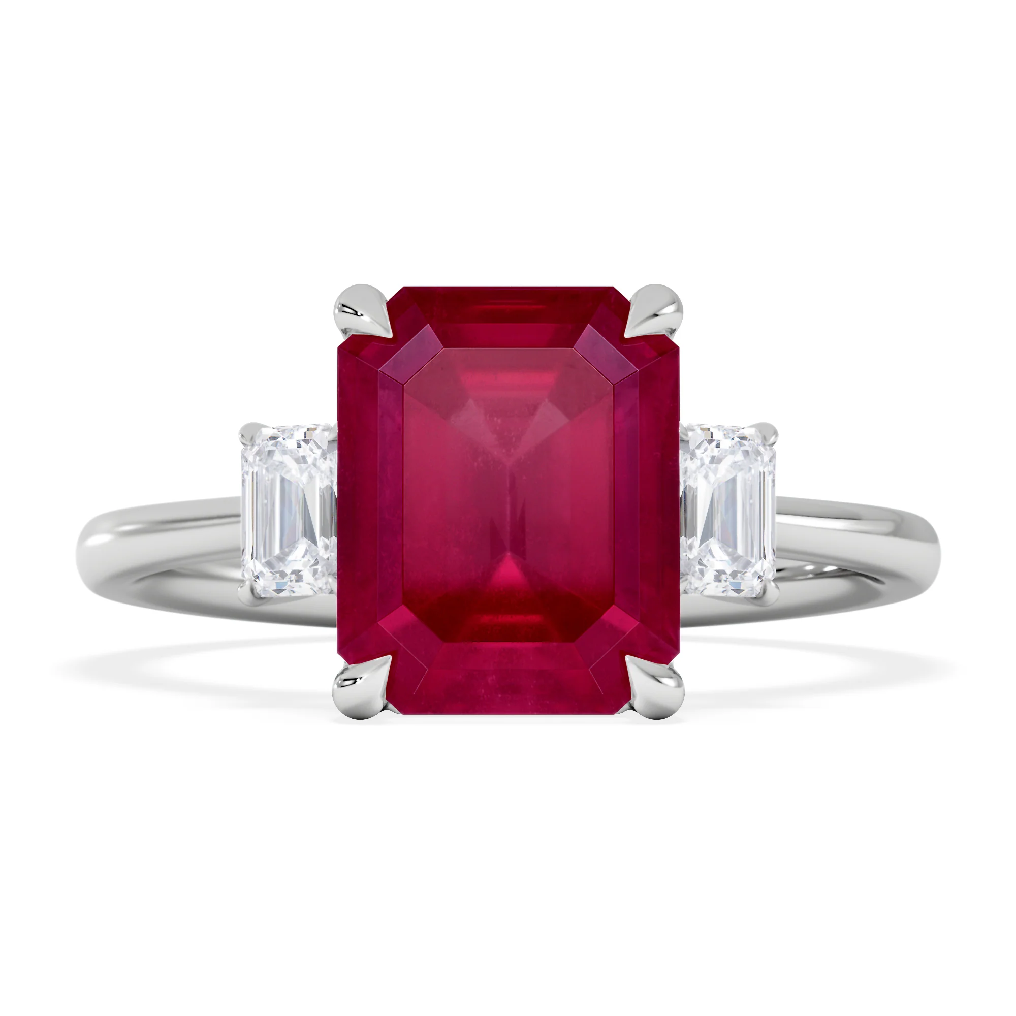 Solene 2.50ct Emerald Cut Lab Ruby and Lab Diamond 3 Stone Engagement Ring in 18K White Gold - Image 3