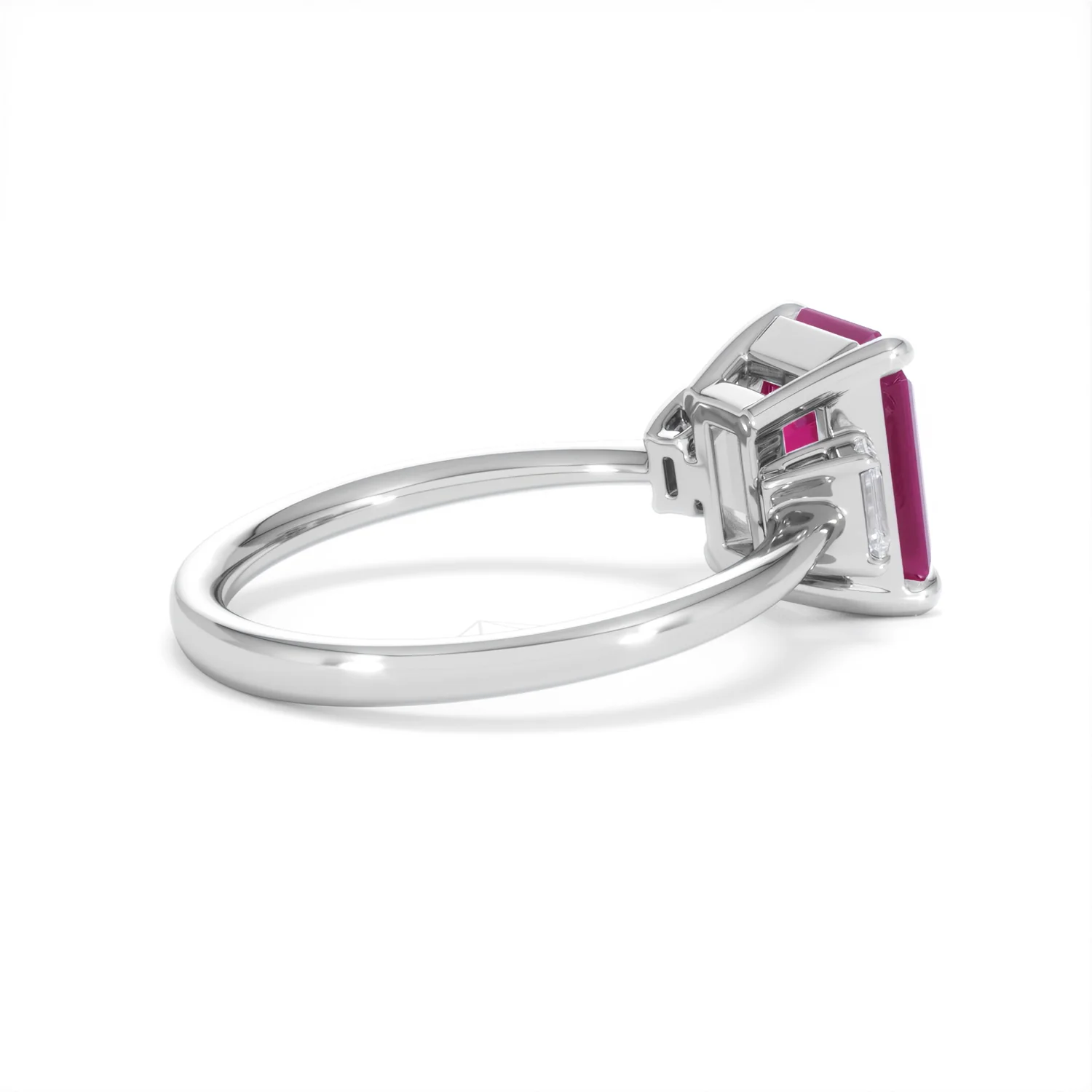 Solene 2.50ct Emerald Cut Lab Ruby and Lab Diamond 3 Stone Engagement Ring in 18K White Gold - Image 35