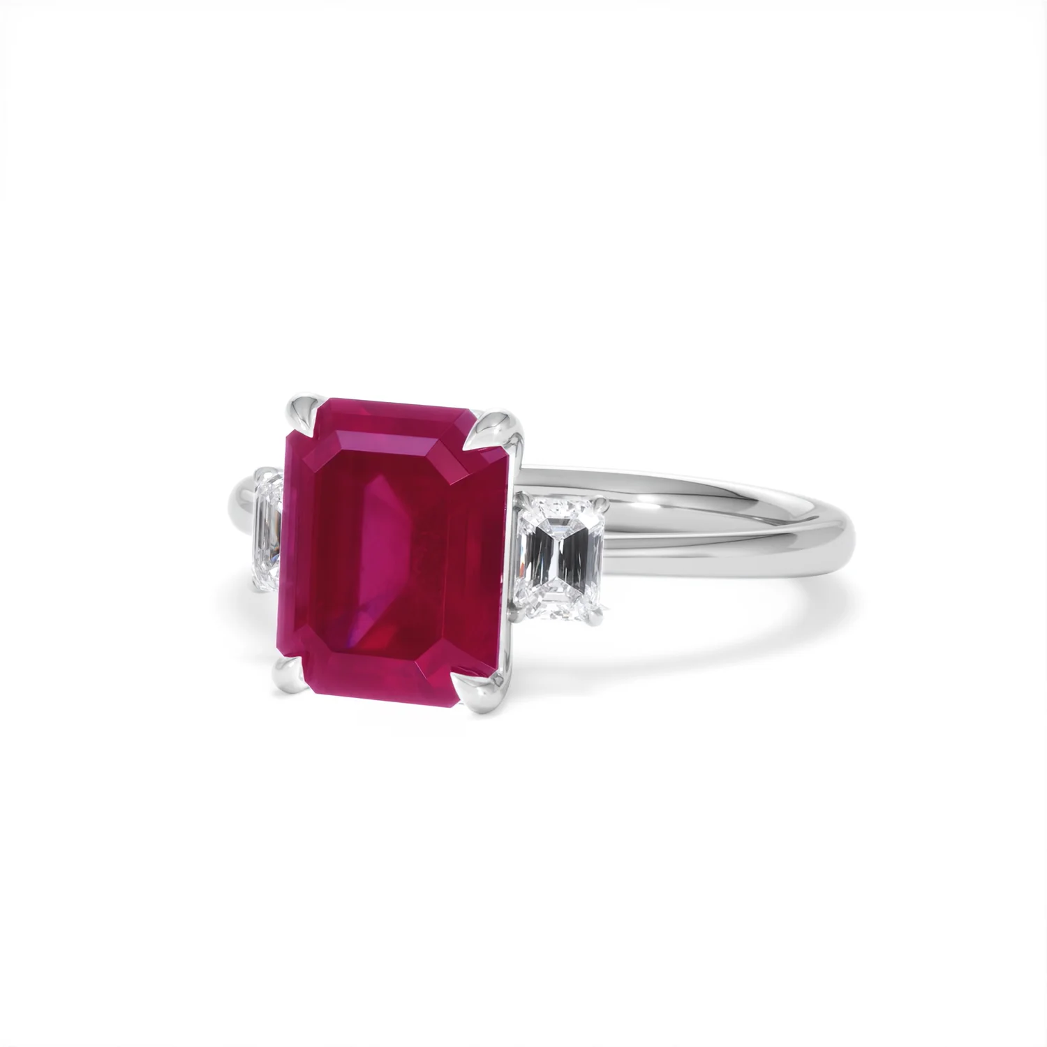 Solene 2.50ct Emerald Cut Lab Ruby and Lab Diamond 3 Stone Engagement Ring in 18K White Gold - Image 84