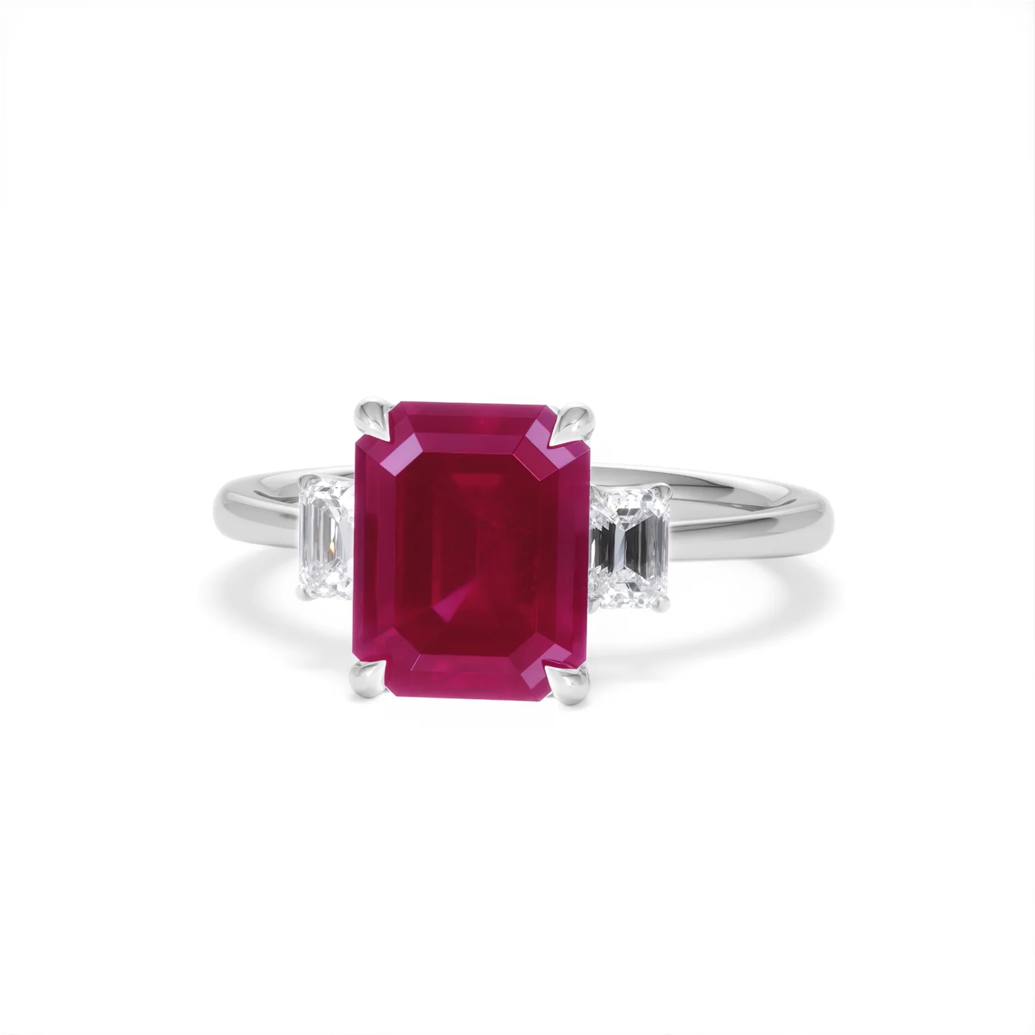 Solene 2.50ct Emerald Cut Lab Ruby and Lab Diamond 3 Stone Engagement Ring in 18K White Gold - Image 87