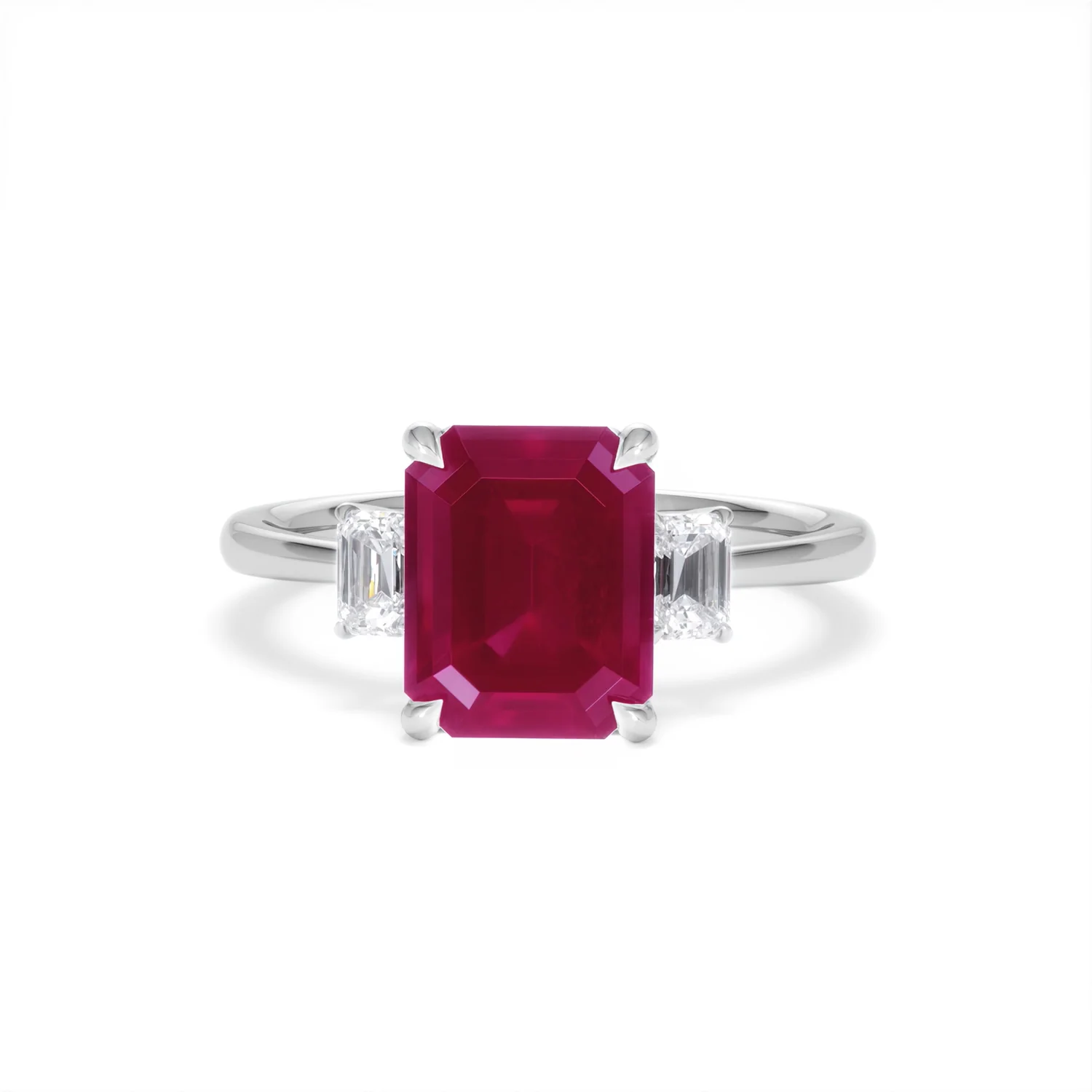 Solene 2.50ct Emerald Cut Lab Ruby and Lab Diamond 3 Stone Engagement Ring in 18K White Gold - Image 88