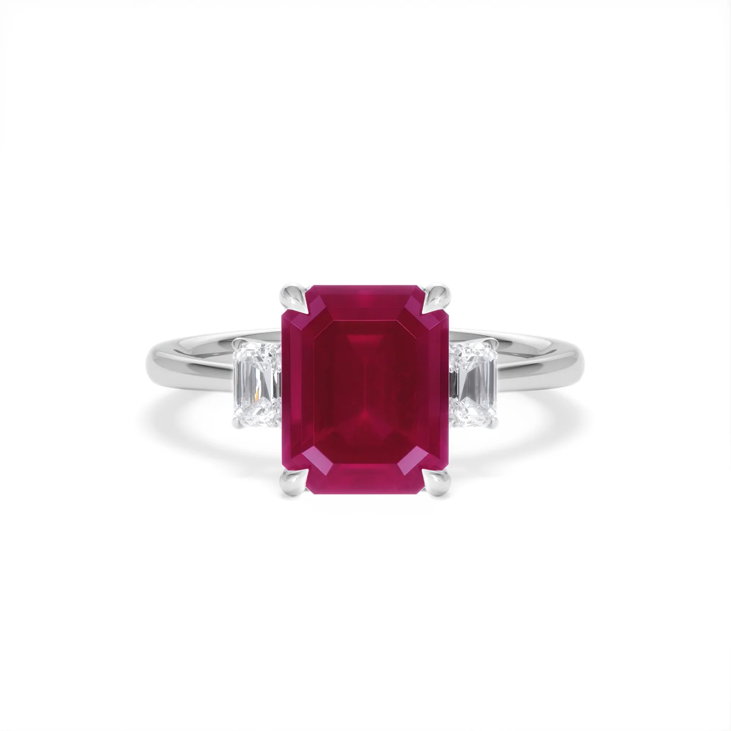 Solene 2.50ct Emerald Cut Lab Ruby and Lab Diamond 3 Stone Engagement Ring in 18K White Gold - Image 9