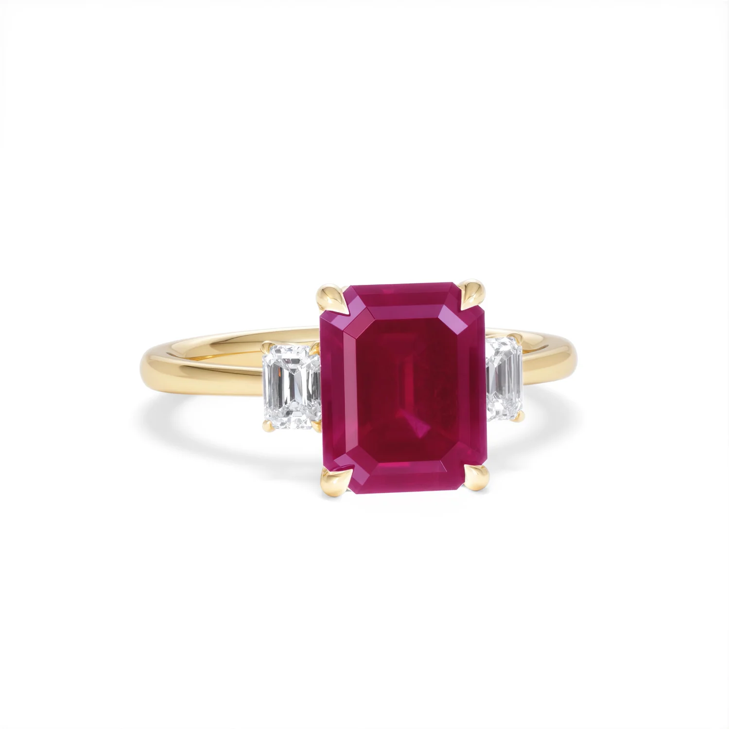Solene 2.50ct Emerald Cut Lab Ruby and Lab Diamond 3 Stone Engagement Ring in 18K Yellow Gold - Image 11