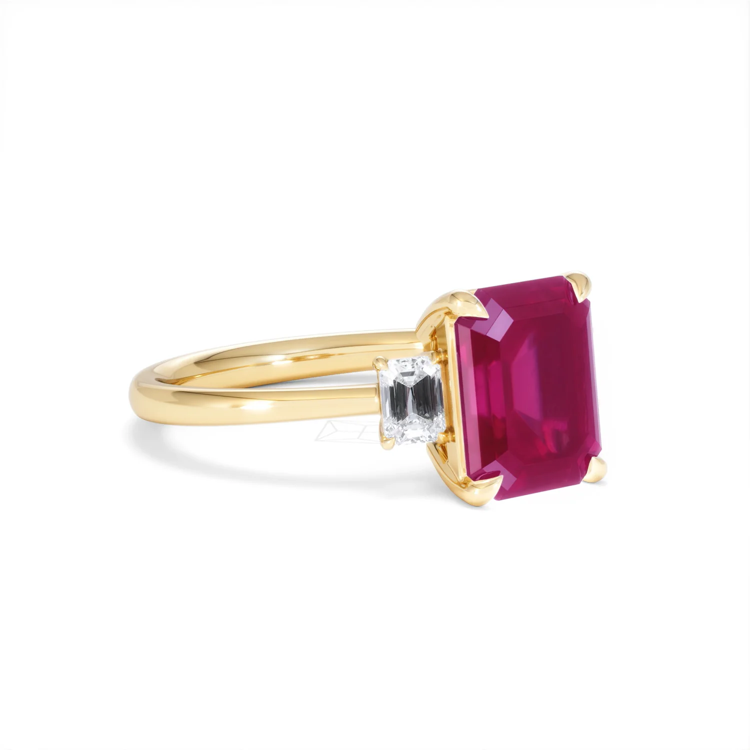 Solene 2.50ct Emerald Cut Lab Ruby and Lab Diamond 3 Stone Engagement Ring in 18K Yellow Gold - Image 17