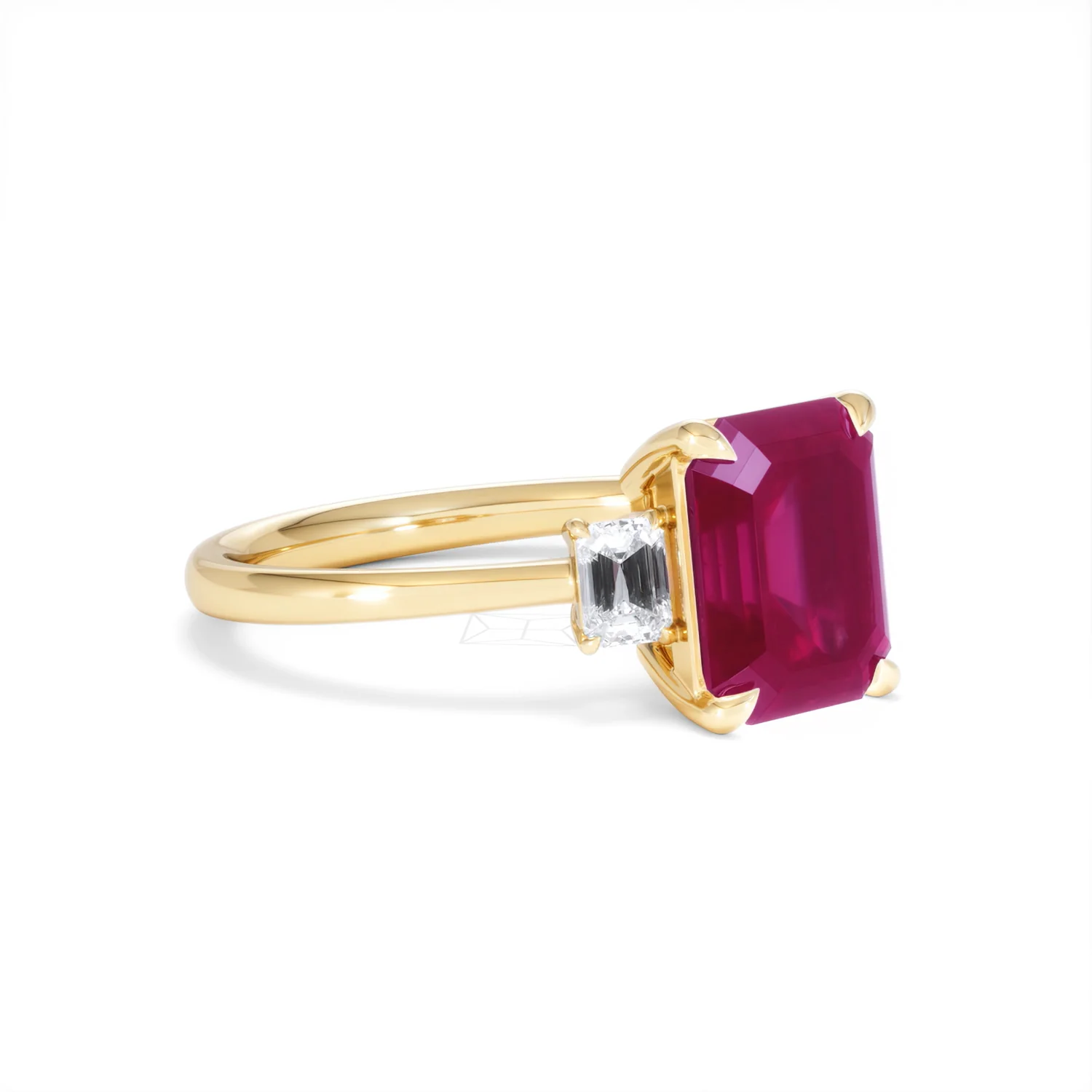 Solene 2.50ct Emerald Cut Lab Ruby and Lab Diamond 3 Stone Engagement Ring in 18K Yellow Gold - Image 18