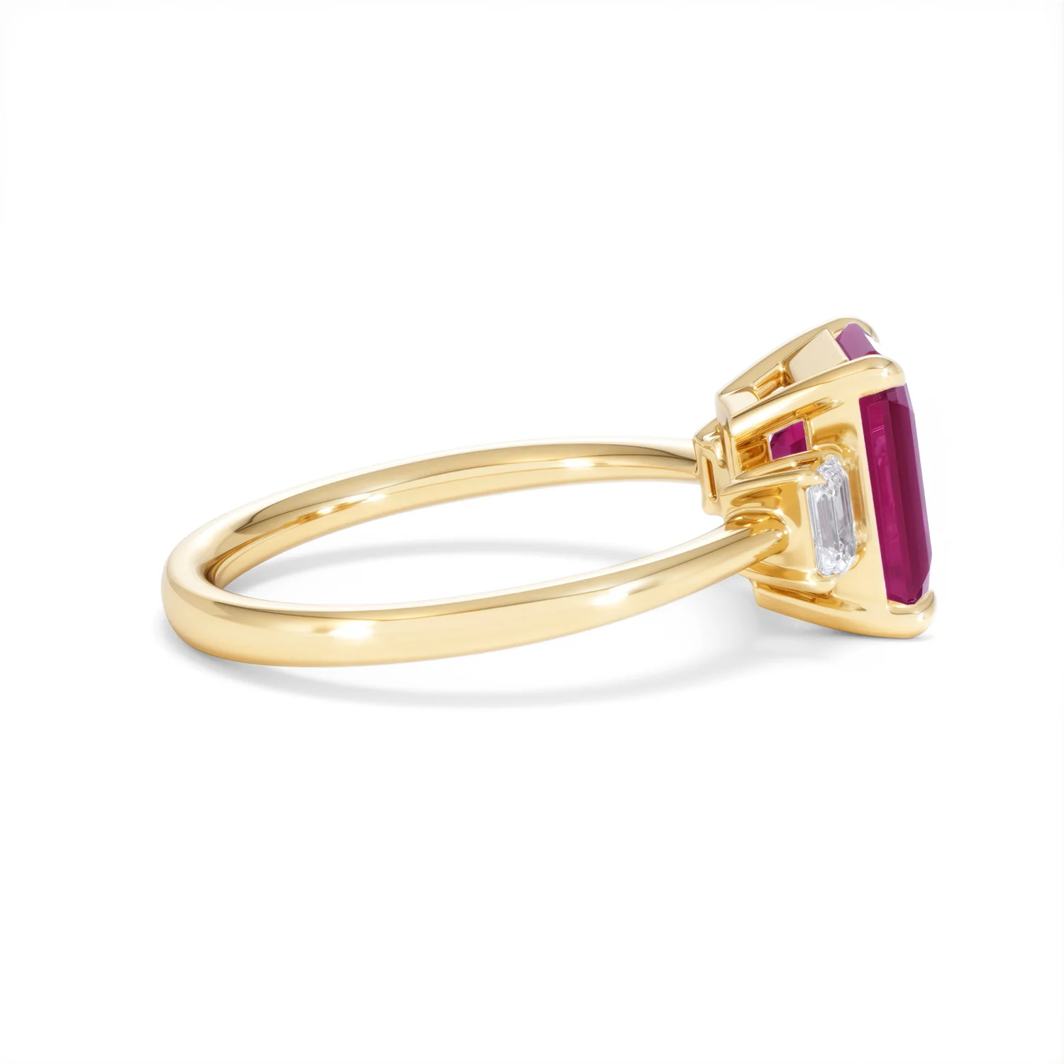 Solene 2.50ct Emerald Cut Lab Ruby and Lab Diamond 3 Stone Engagement Ring in 18K Yellow Gold - Image 30