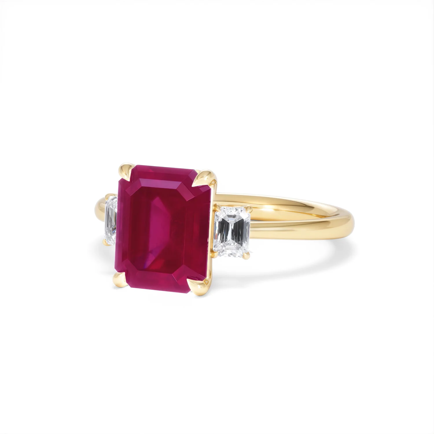 Solene 2.50ct Emerald Cut Lab Ruby and Lab Diamond 3 Stone Engagement Ring in 18K Yellow Gold - Image 84