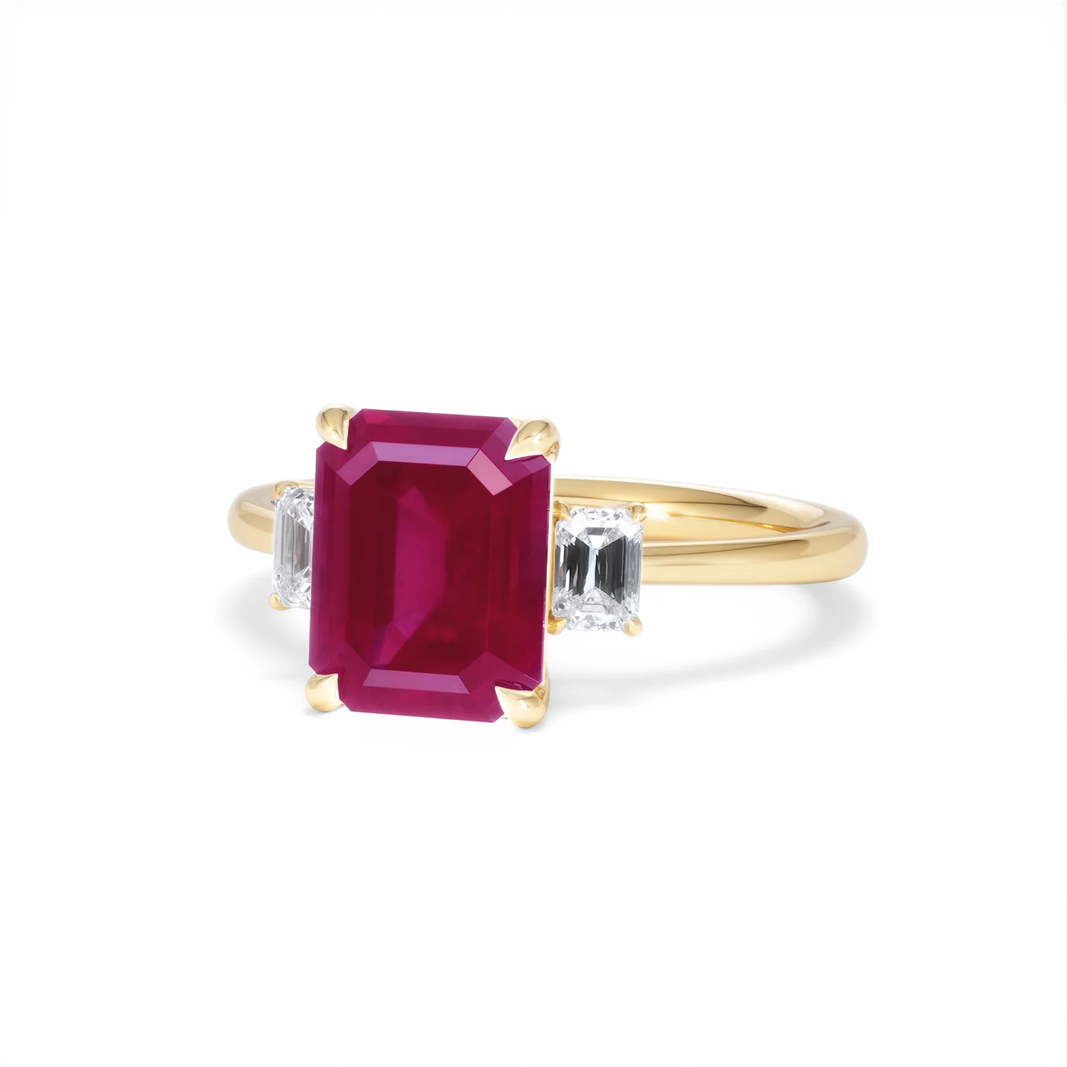 Solene 2.50ct Emerald Cut Lab Ruby and Lab Diamond 3 Stone Engagement Ring in 18K Yellow Gold - Image 85