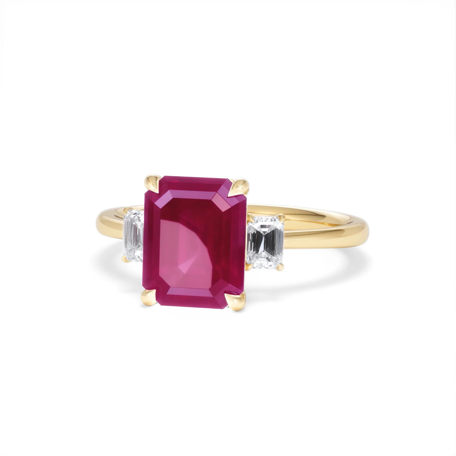 Solene 2.50ct Emerald Cut Lab Ruby and Lab Diamond 3 Stone Engagement Ring in 18K Yellow Gold - Image 86