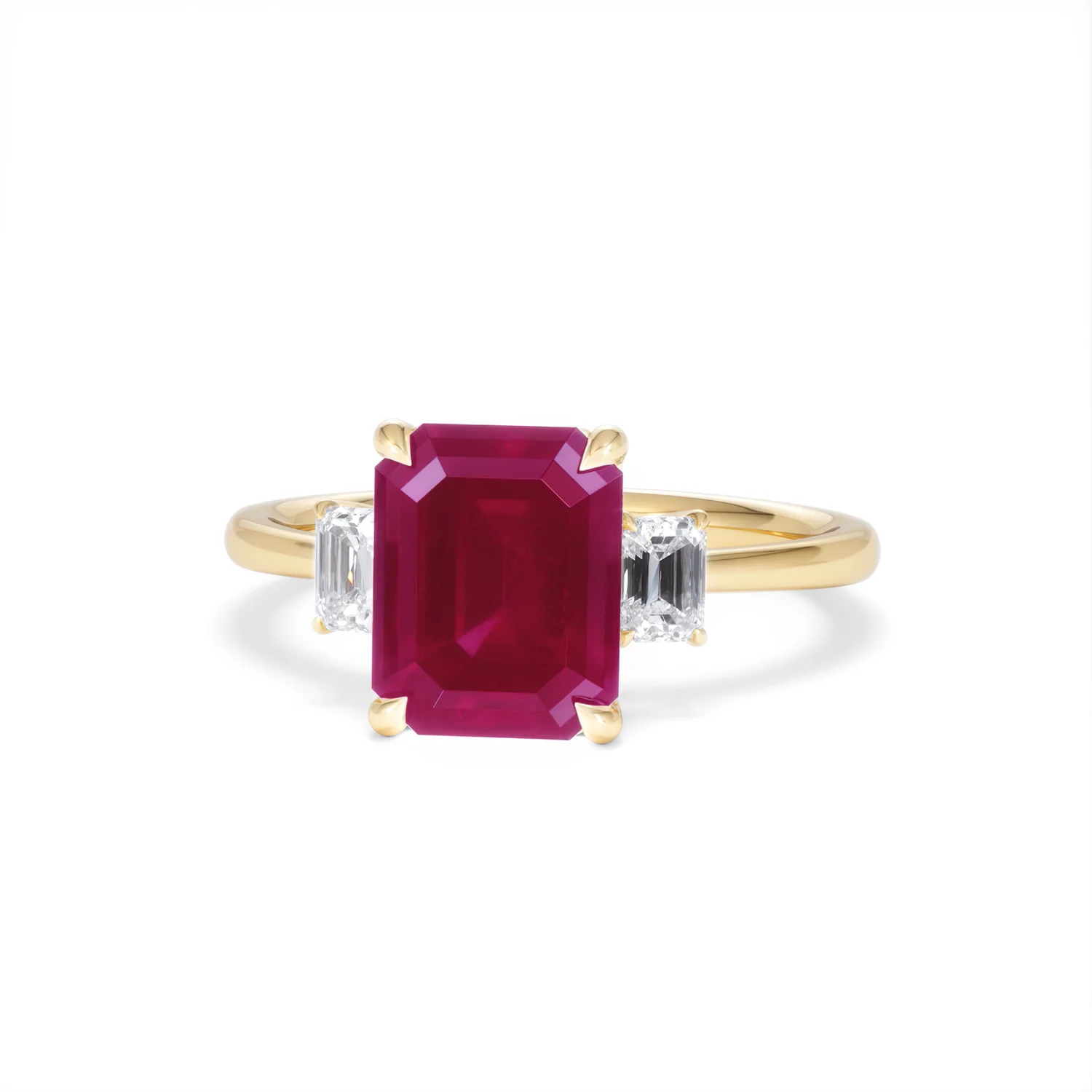 Solene 2.50ct Emerald Cut Lab Ruby and Lab Diamond 3 Stone Engagement Ring in 18K Yellow Gold - Image 87