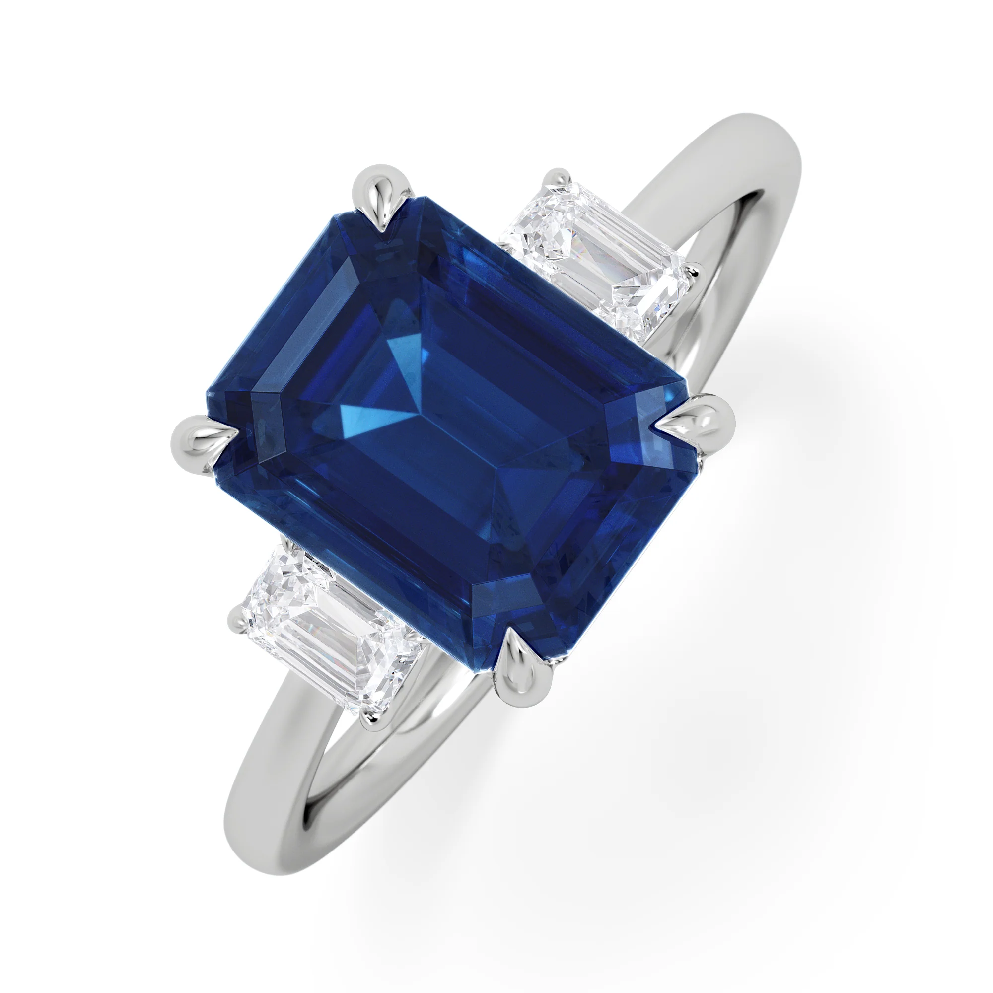 Solene 2.50ct Emerald Cut Lab Sapphire and Lab Diamond 3 Stone Engament Ring in 18K White Gold