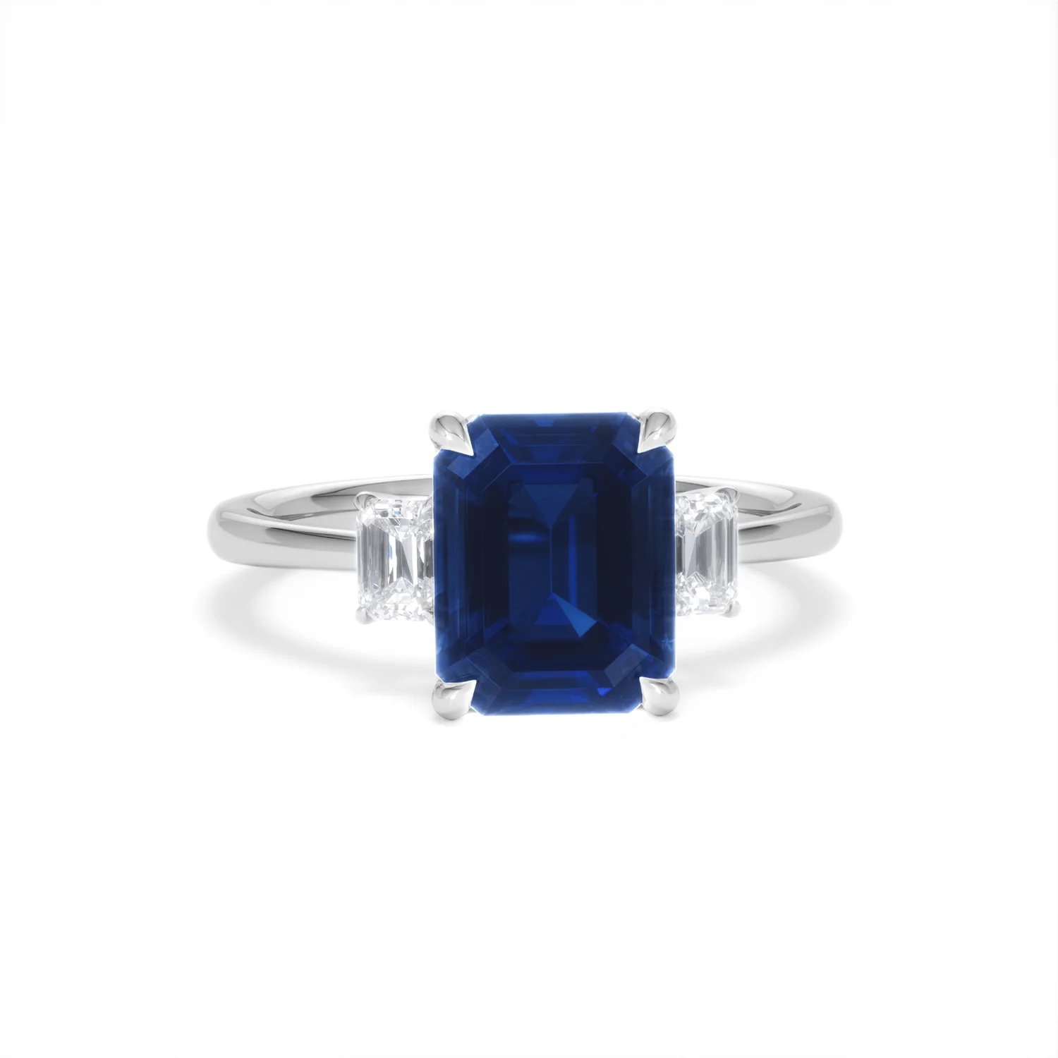 Solene 2.50ct Emerald Cut Lab Sapphire and Lab Diamond 3 Stone Engament Ring in 18K White Gold - Image 10