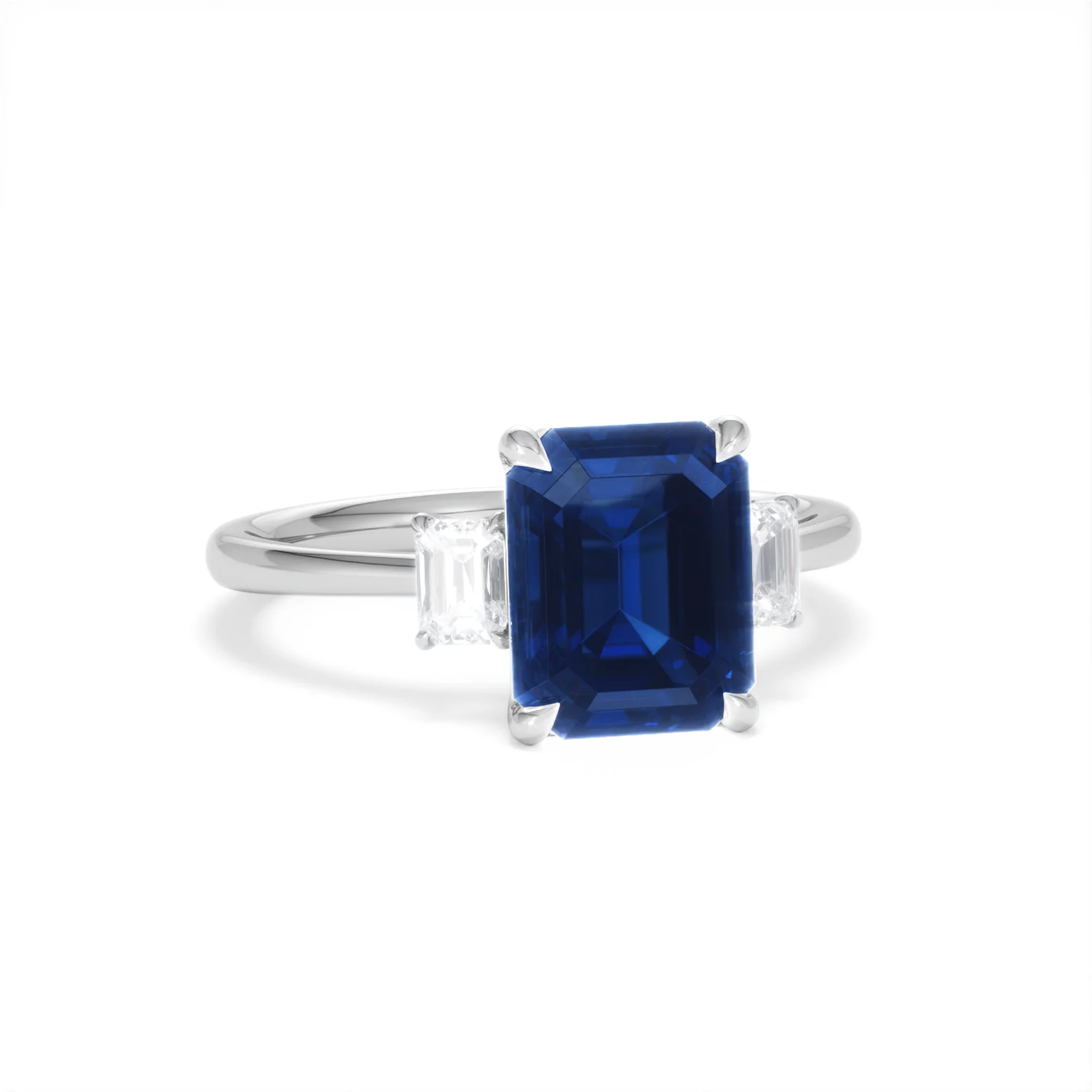 Solene 2.50ct Emerald Cut Lab Sapphire and Lab Diamond 3 Stone Engament Ring in 18K White Gold - Image 12