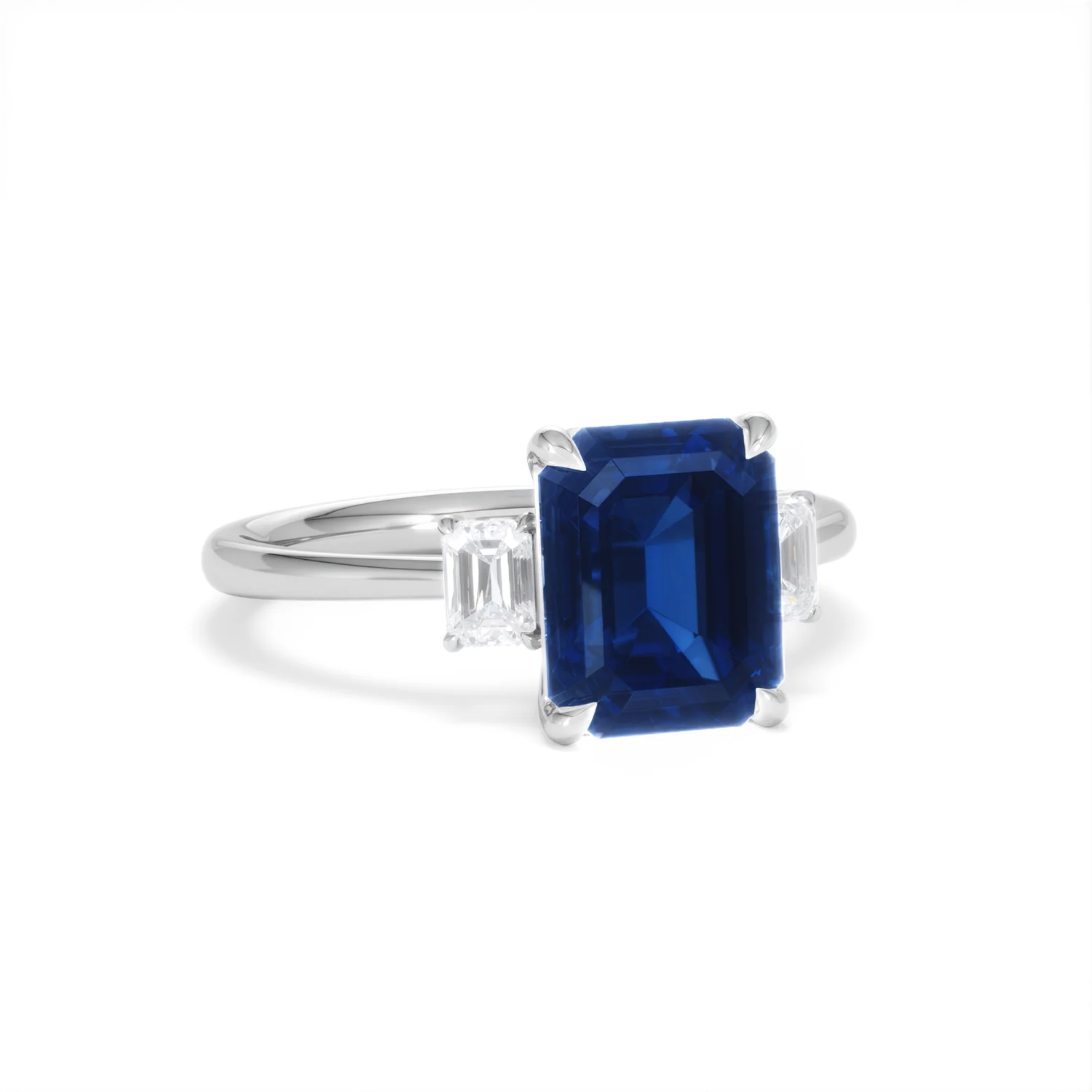 Solene 2.50ct Emerald Cut Lab Sapphire and Lab Diamond 3 Stone Engament Ring in 18K White Gold - Image 13