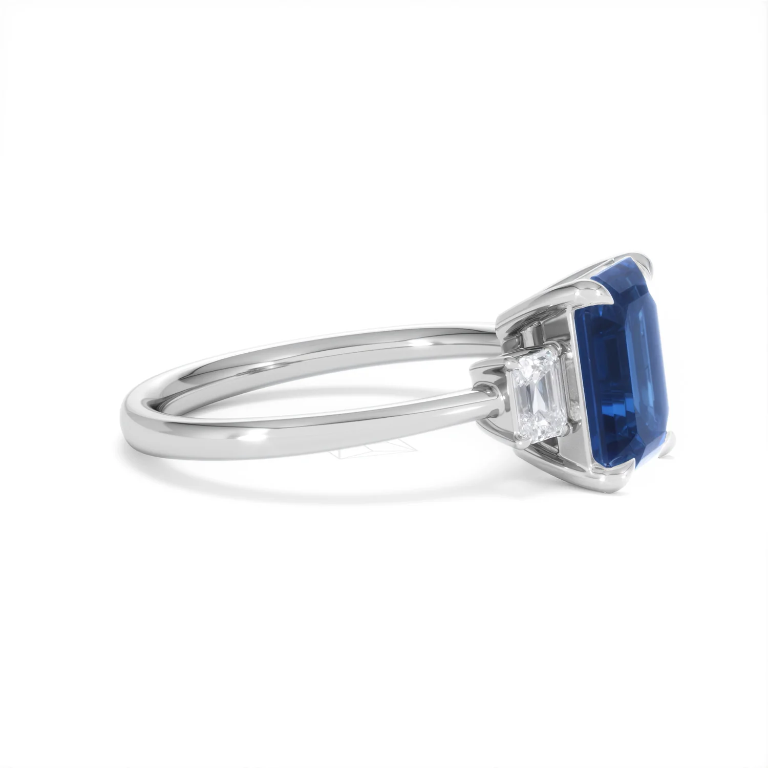 Solene 2.50ct Emerald Cut Lab Sapphire and Lab Diamond 3 Stone Engament Ring in 18K White Gold - Image 24