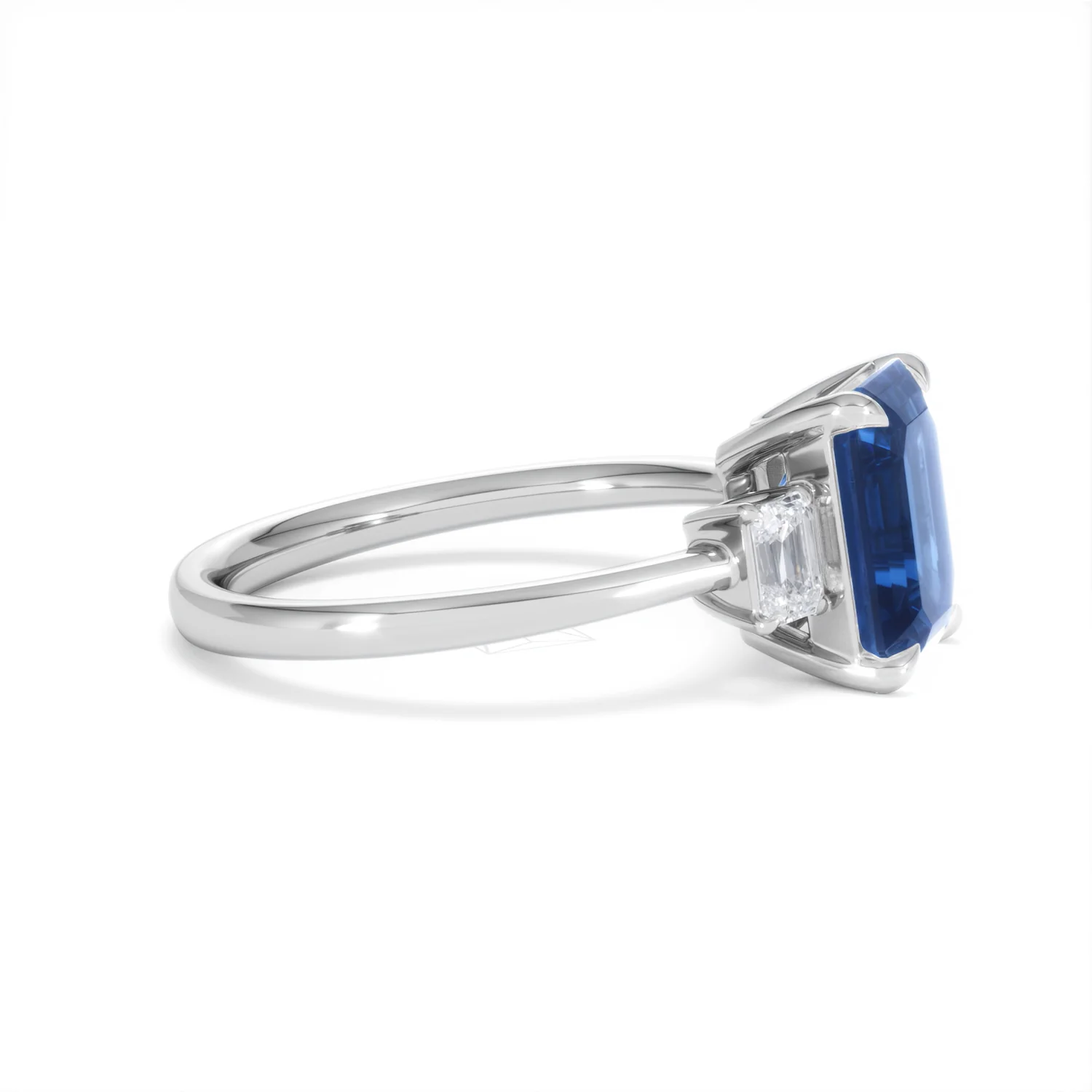 Solene 2.50ct Emerald Cut Lab Sapphire and Lab Diamond 3 Stone Engament Ring in 18K White Gold - Image 25
