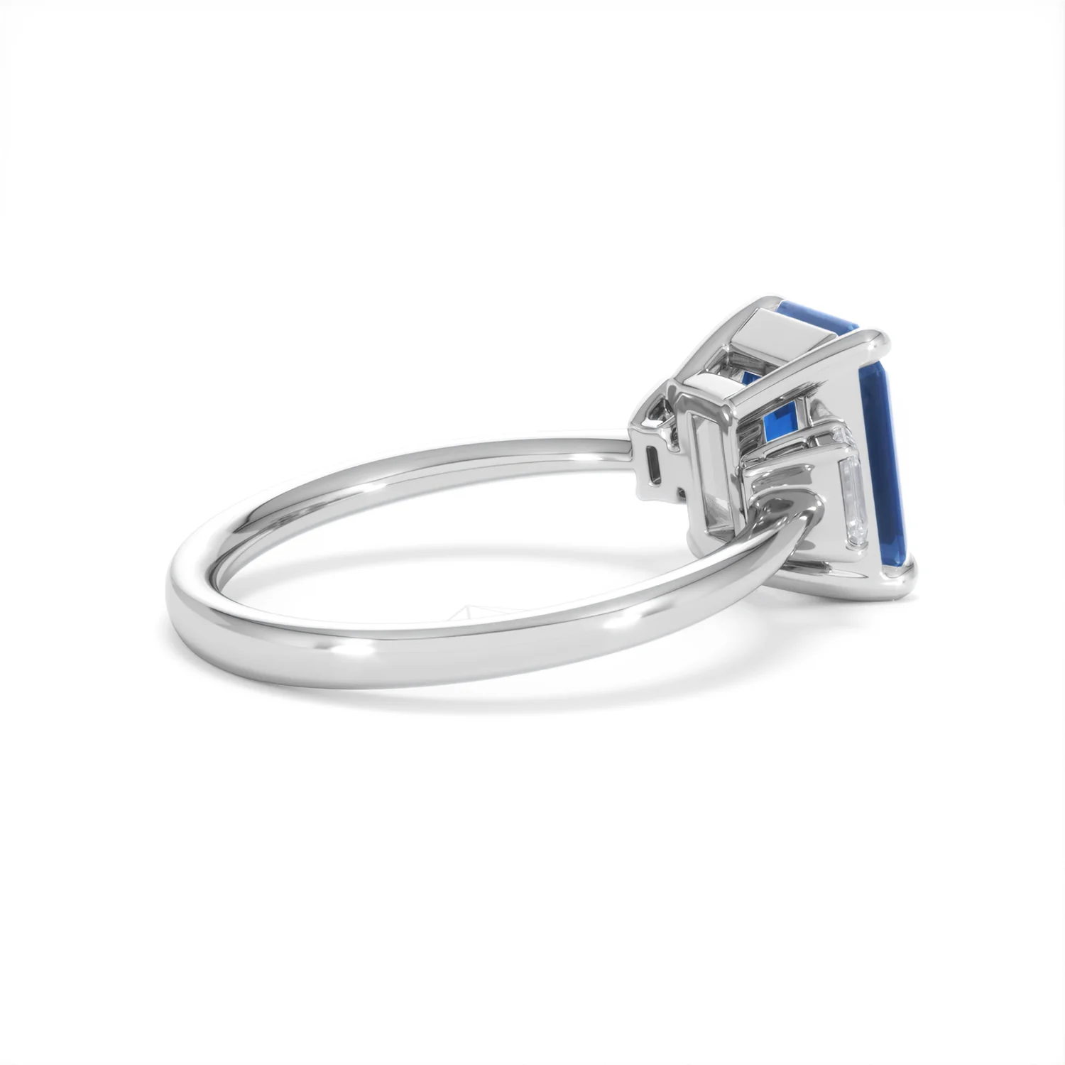 Solene 2.50ct Emerald Cut Lab Sapphire and Lab Diamond 3 Stone Engament Ring in 18K White Gold - Image 35
