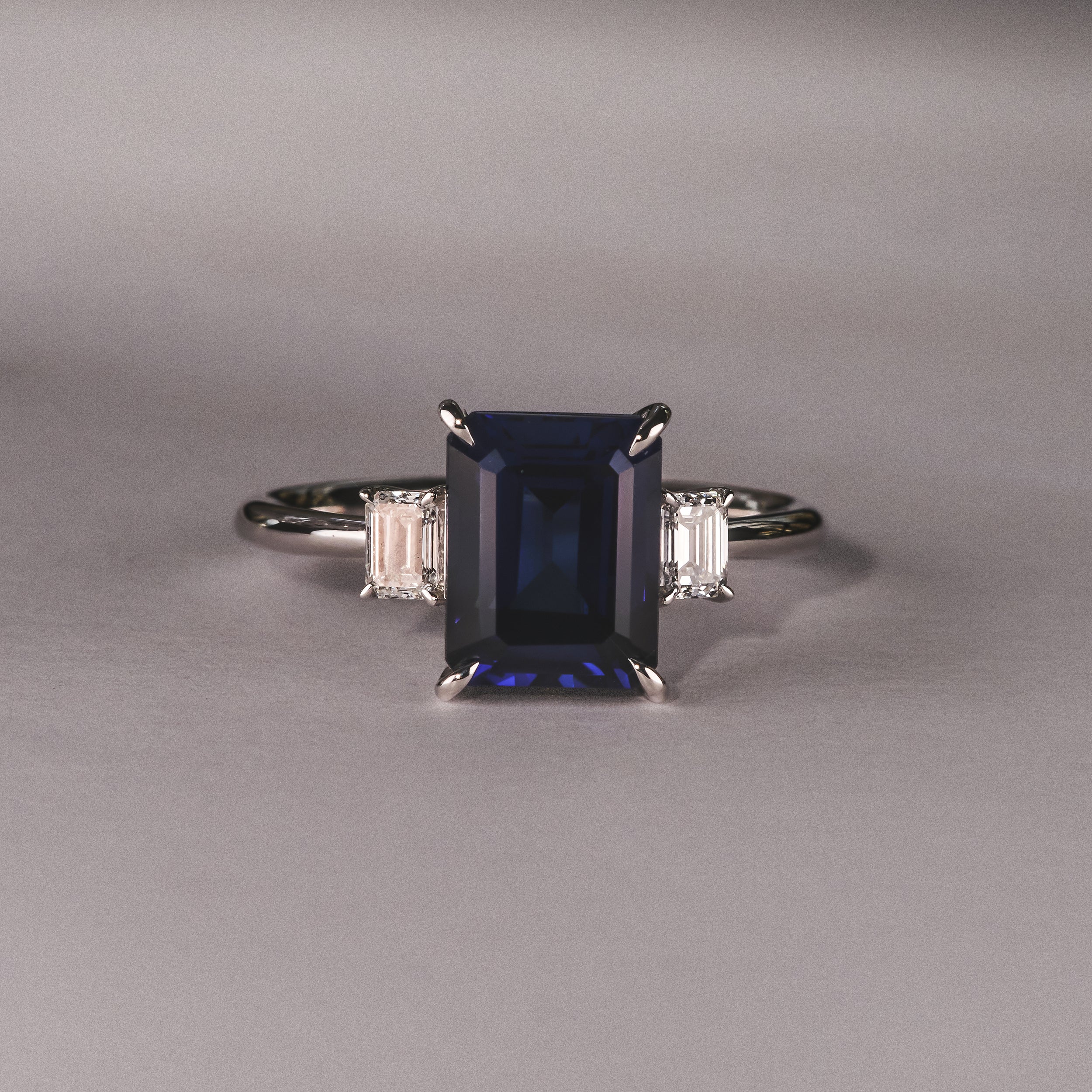 Solene 2.50ct Emerald Cut Lab Sapphire and Lab Diamond 3 Stone Engament Ring in 18K White Gold - Image 6