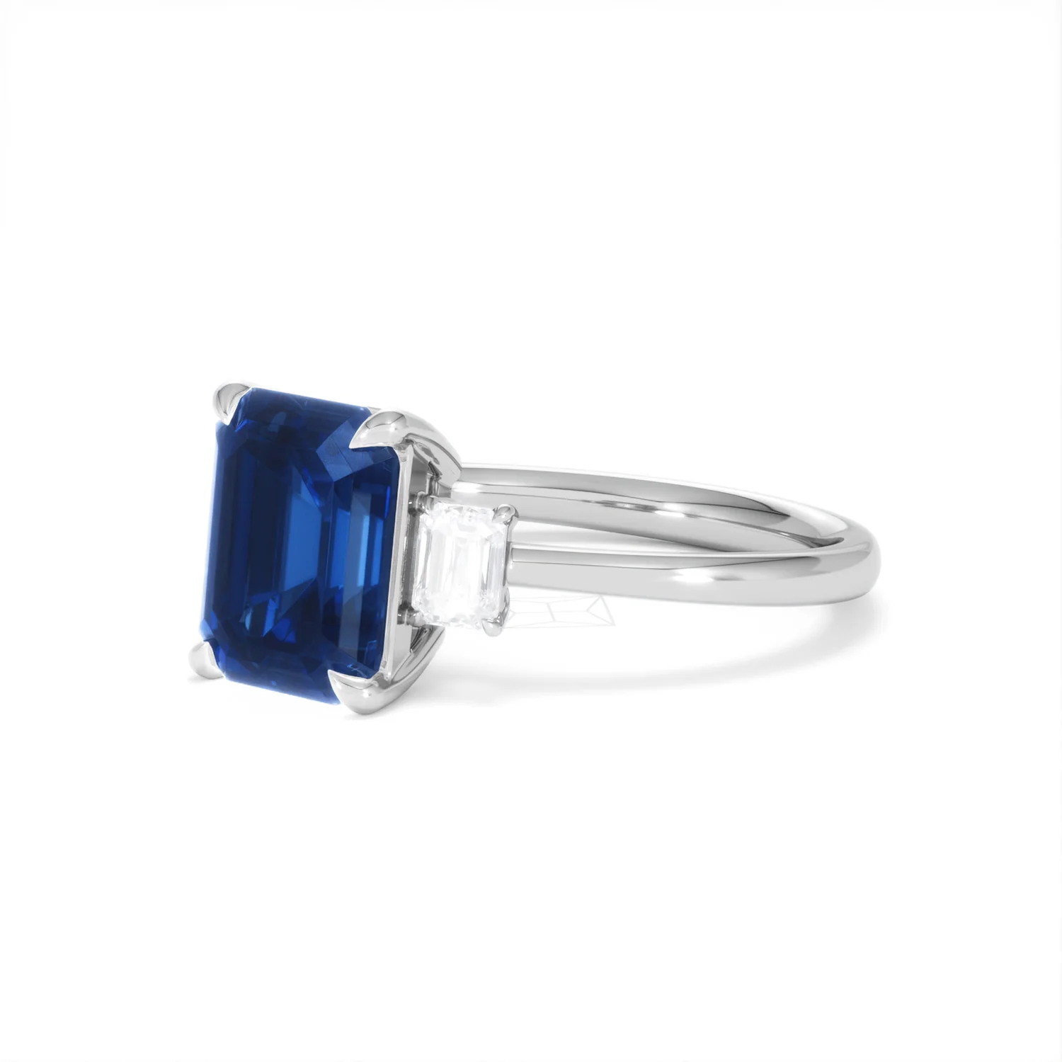 Solene 2.50ct Emerald Cut Lab Sapphire and Lab Diamond 3 Stone Engament Ring in 18K White Gold - Image 80