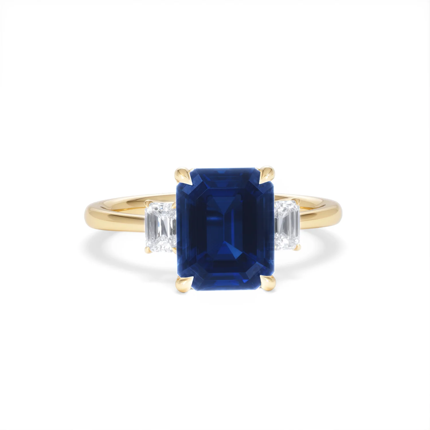 Solene 2.50ct Emerald Cut Lab Sapphire and Lab Diamond 3 Stone Engament Ring in 18K Yellow Gold - Image 10