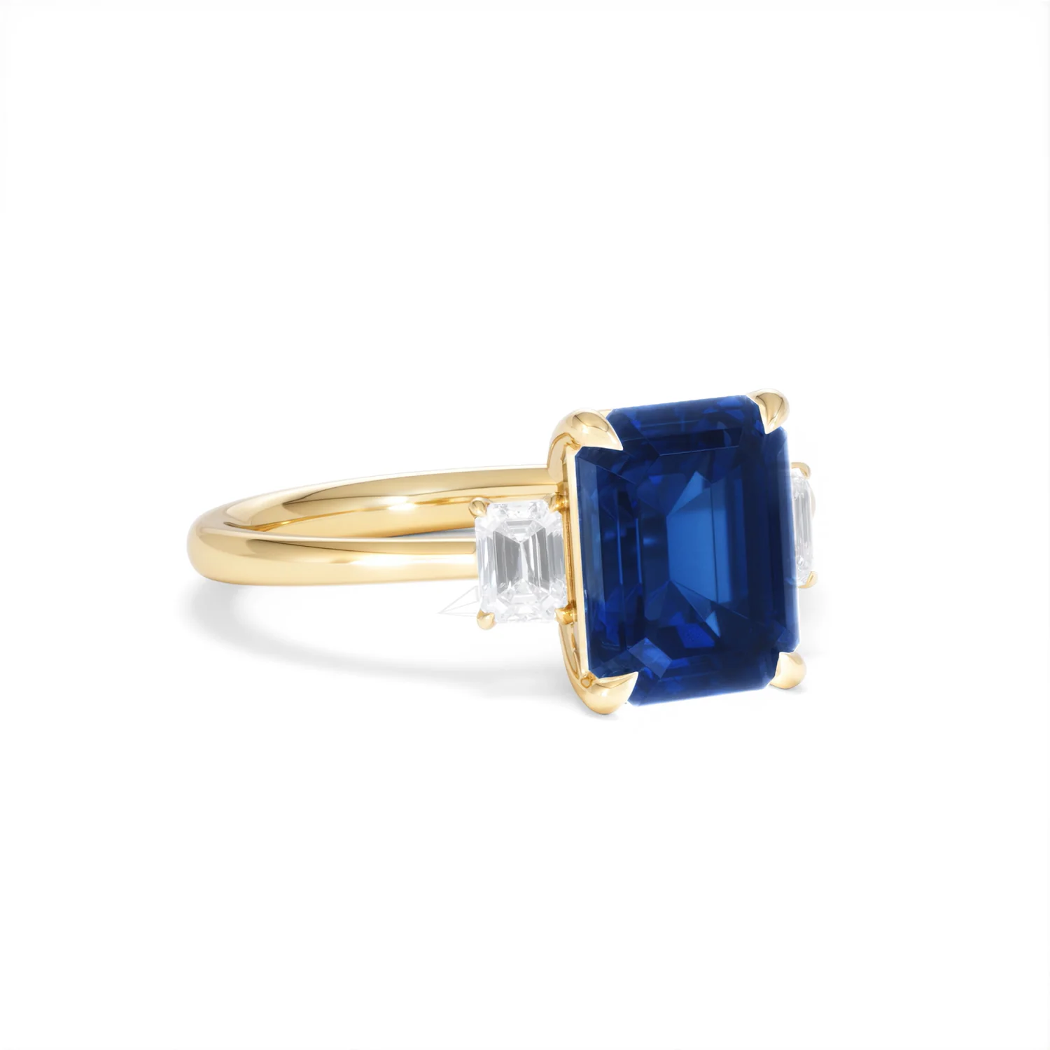Solene 2.50ct Emerald Cut Lab Sapphire and Lab Diamond 3 Stone Engament Ring in 18K Yellow Gold - Image 15