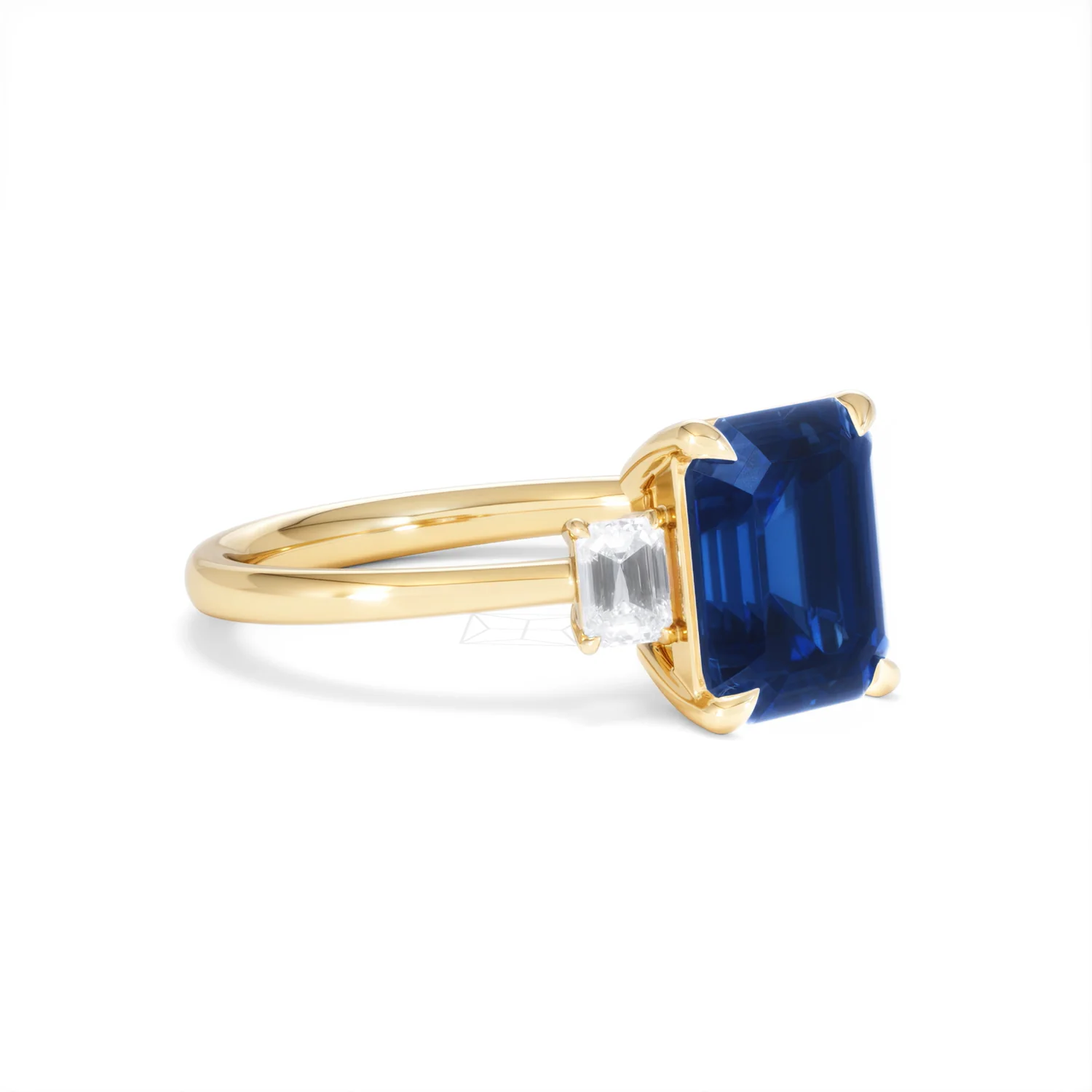 Solene 2.50ct Emerald Cut Lab Sapphire and Lab Diamond 3 Stone Engament Ring in 18K Yellow Gold - Image 18