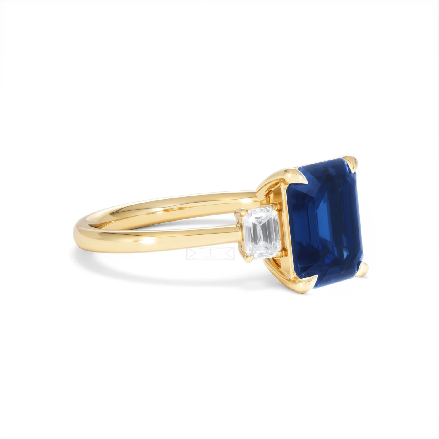 Solene 2.50ct Emerald Cut Lab Sapphire and Lab Diamond 3 Stone Engament Ring in 18K Yellow Gold - Image 19