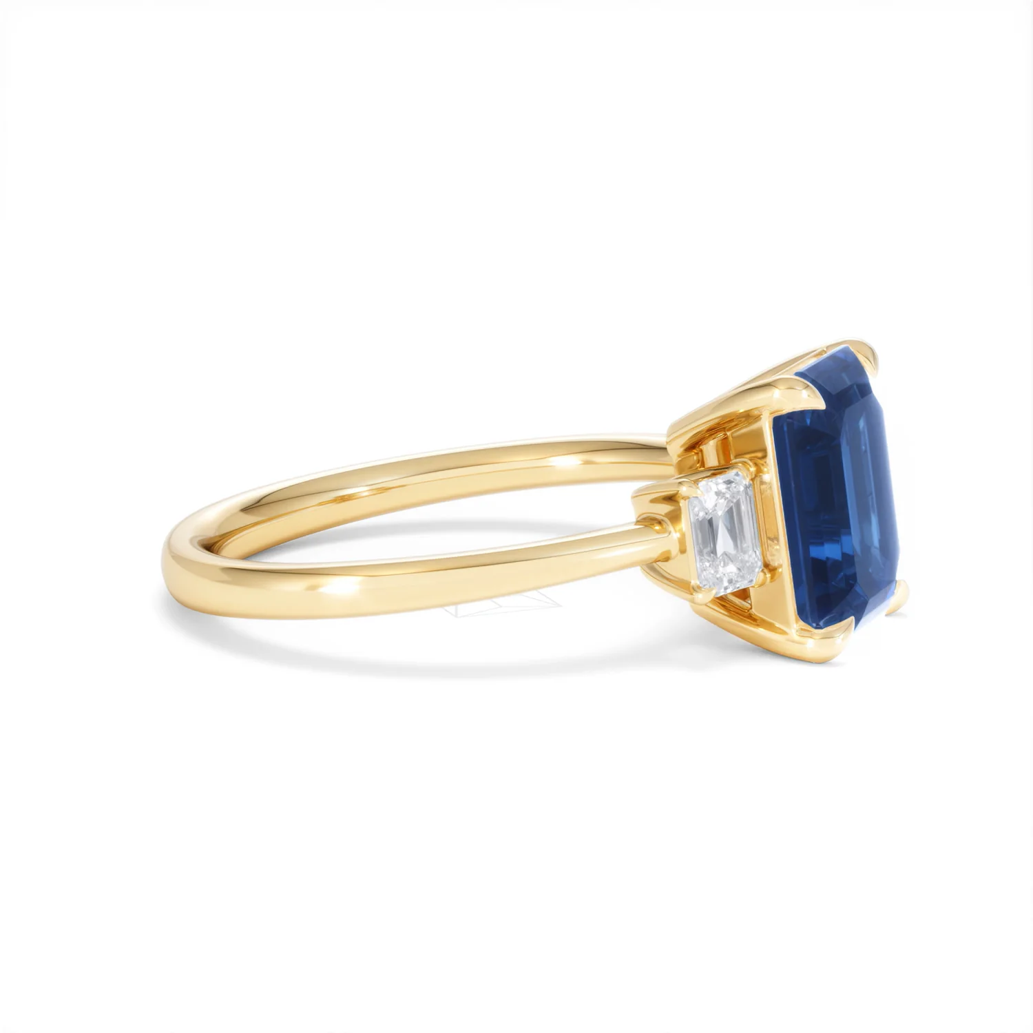 Solene 2.50ct Emerald Cut Lab Sapphire and Lab Diamond 3 Stone Engament Ring in 18K Yellow Gold - Image 24