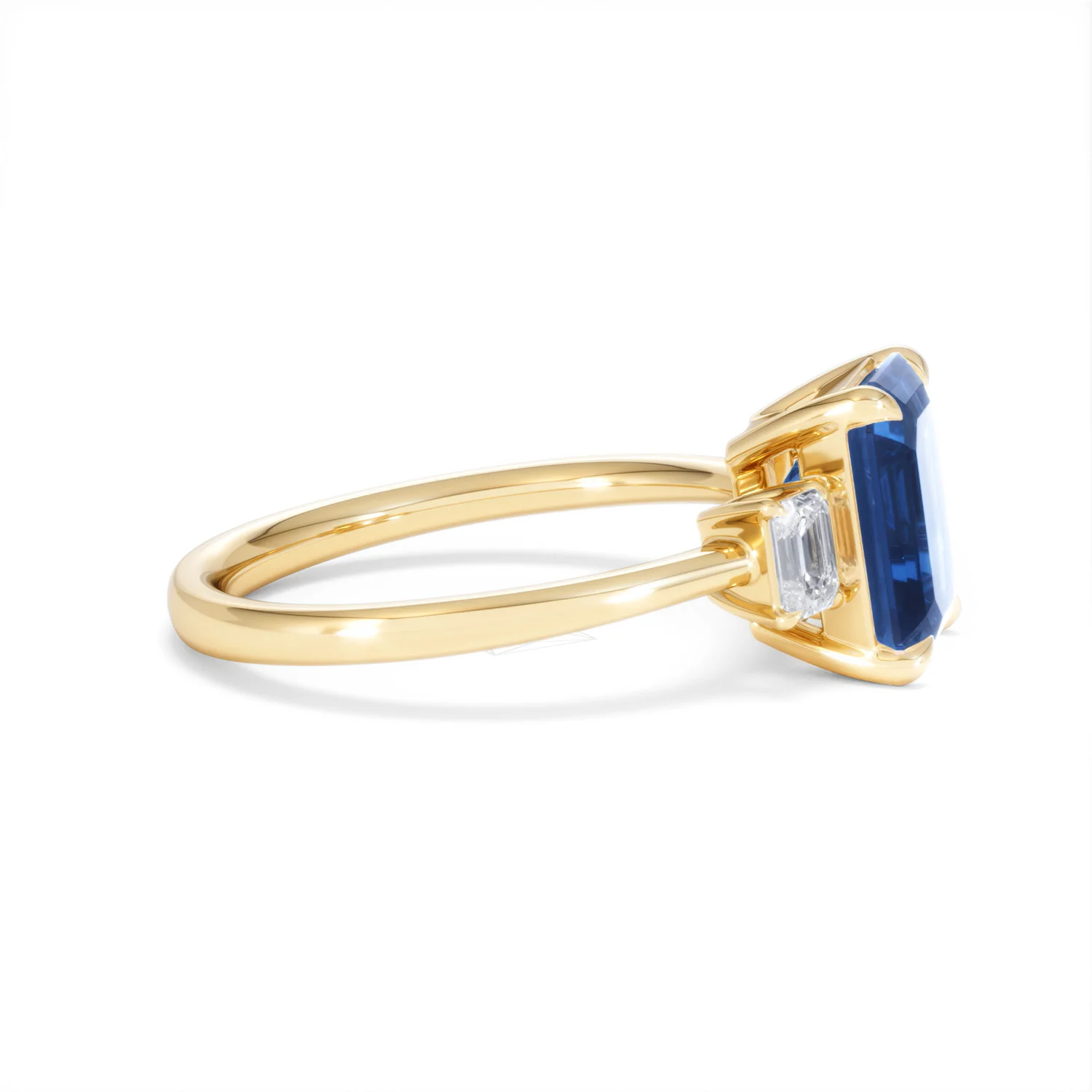 Solene 2.50ct Emerald Cut Lab Sapphire and Lab Diamond 3 Stone Engament Ring in 18K Yellow Gold - Image 26