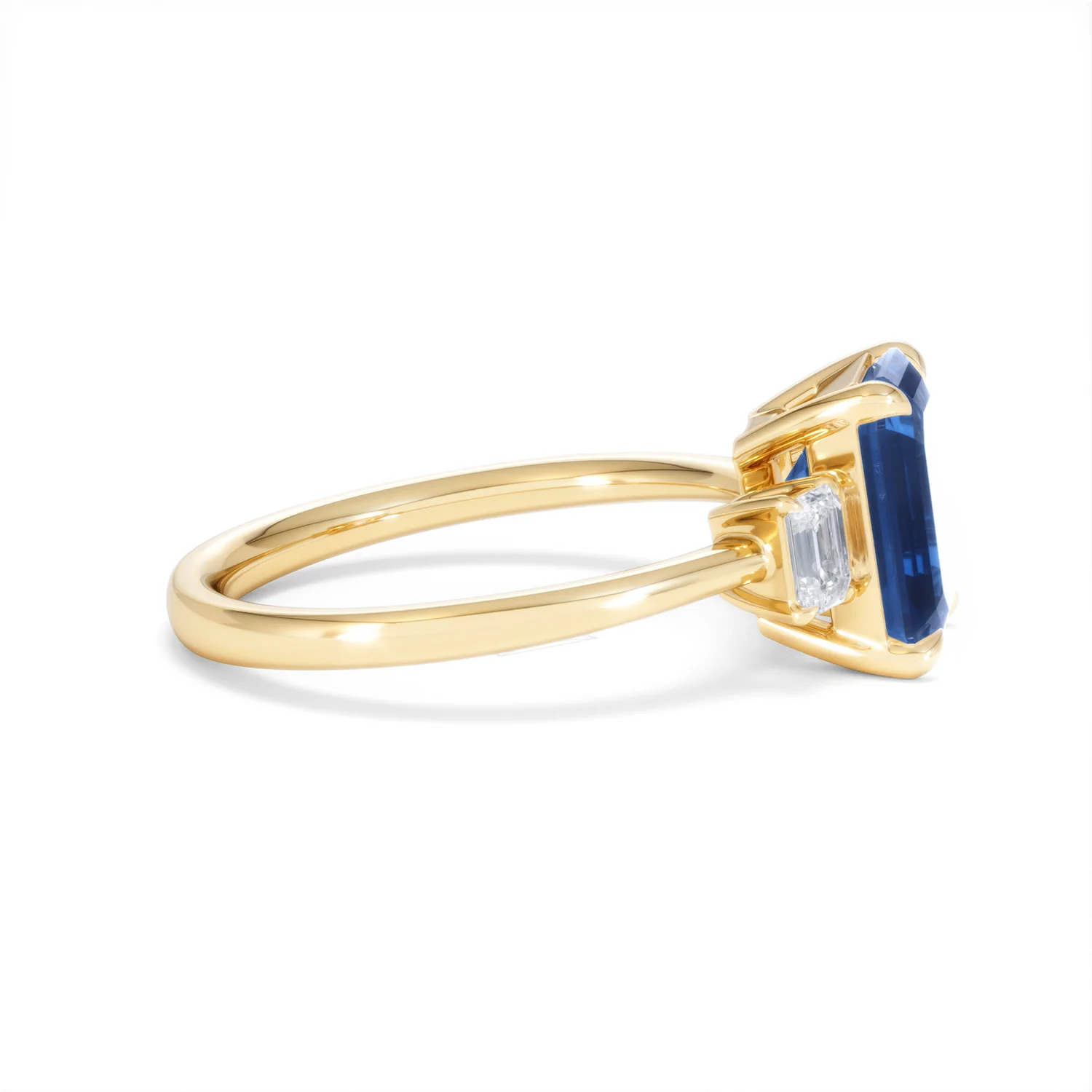 Solene 2.50ct Emerald Cut Lab Sapphire and Lab Diamond 3 Stone Engament Ring in 18K Yellow Gold - Image 27
